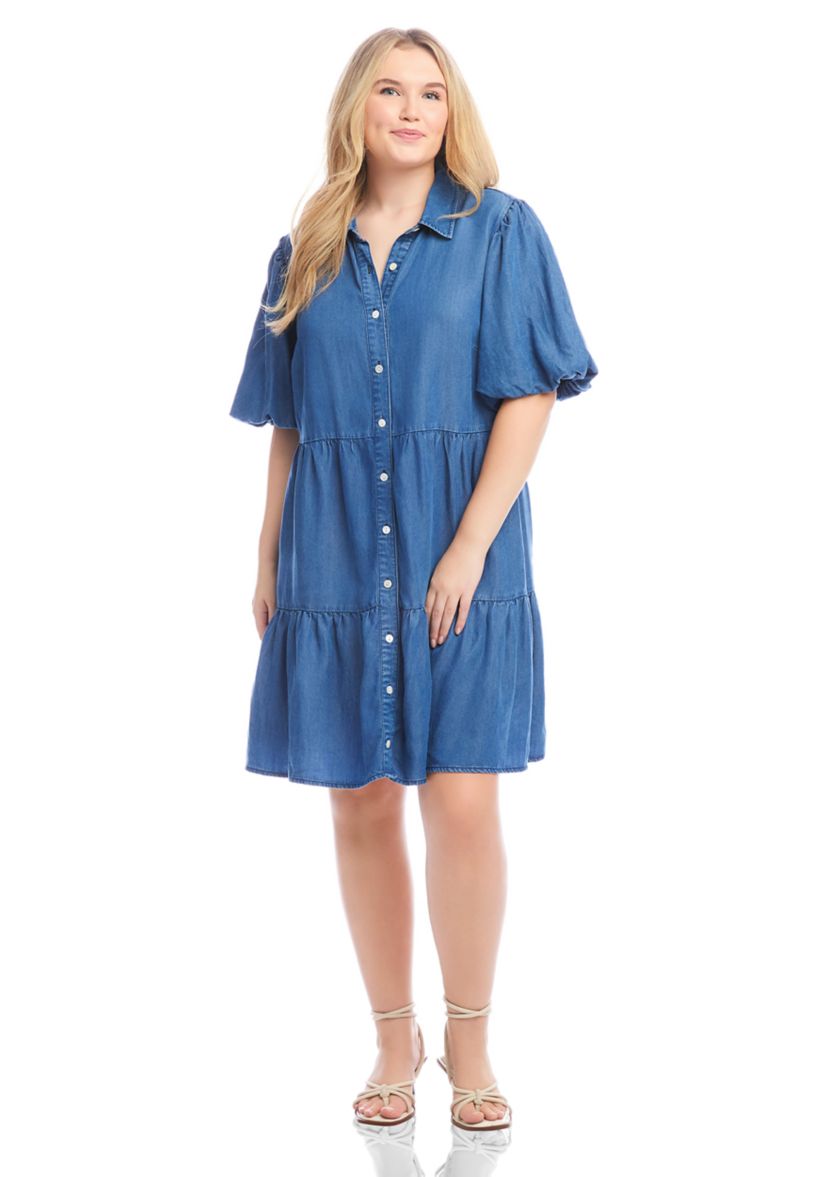 Plus Size Puff Sleeve Tiered Shirtdress