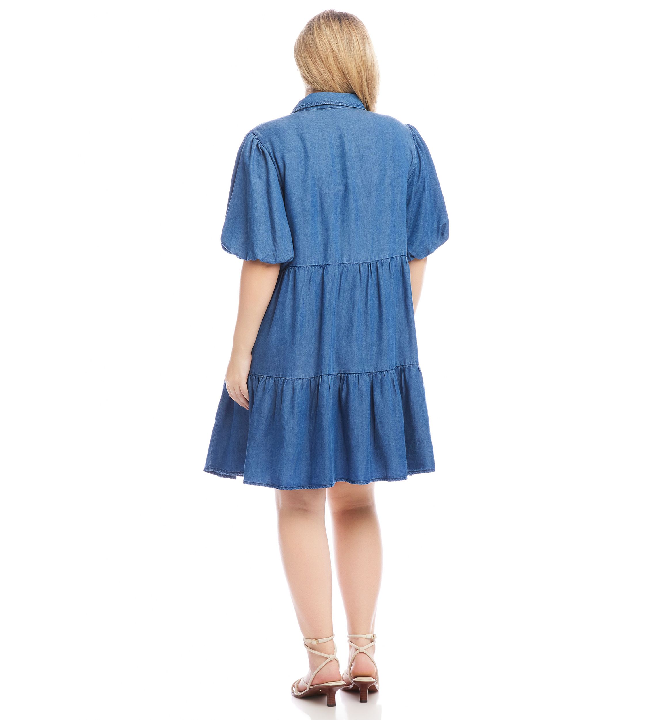 Plus Size Puff Sleeve Tiered Shirtdress