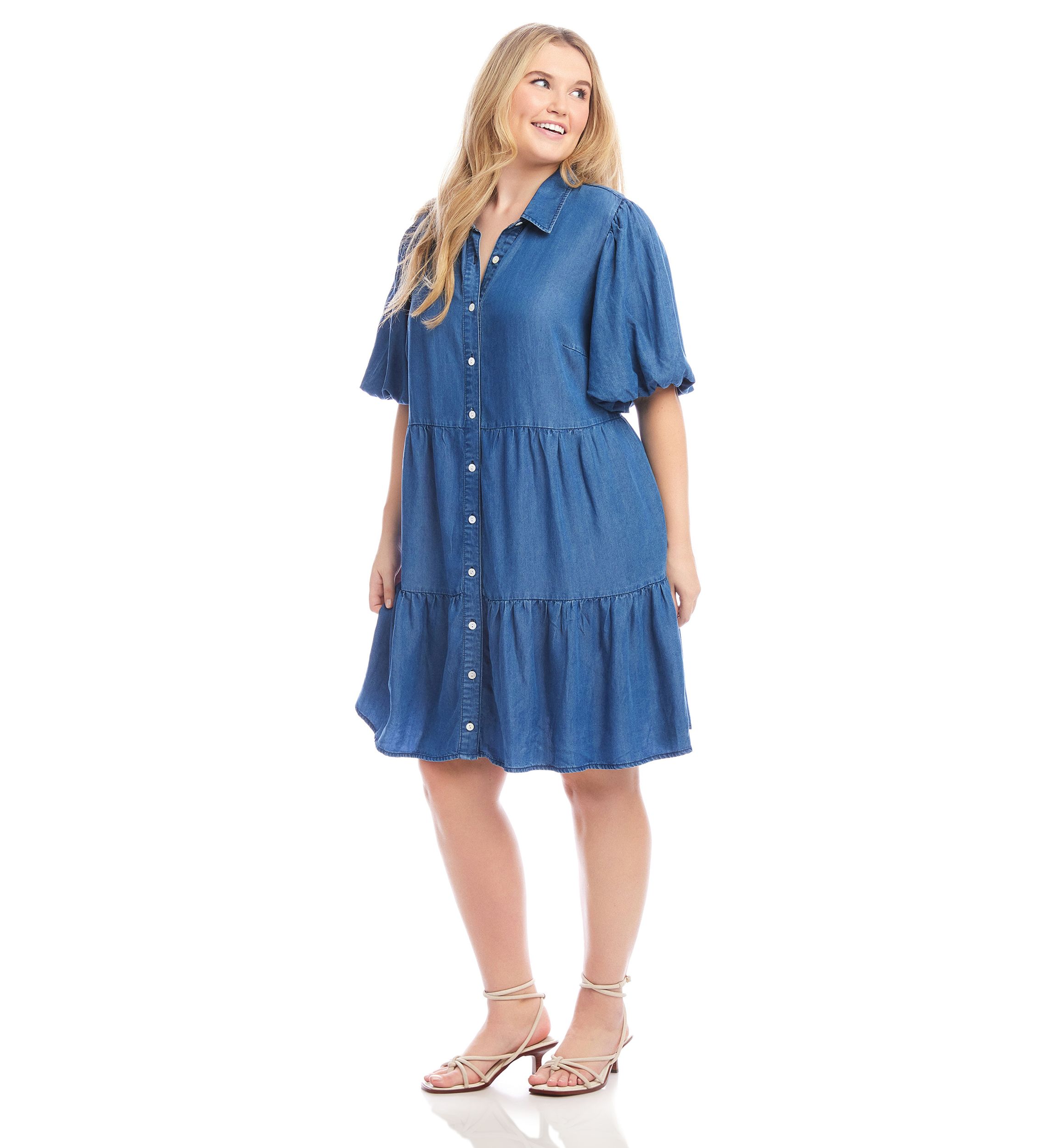 Plus Size Puff Sleeve Tiered Shirtdress