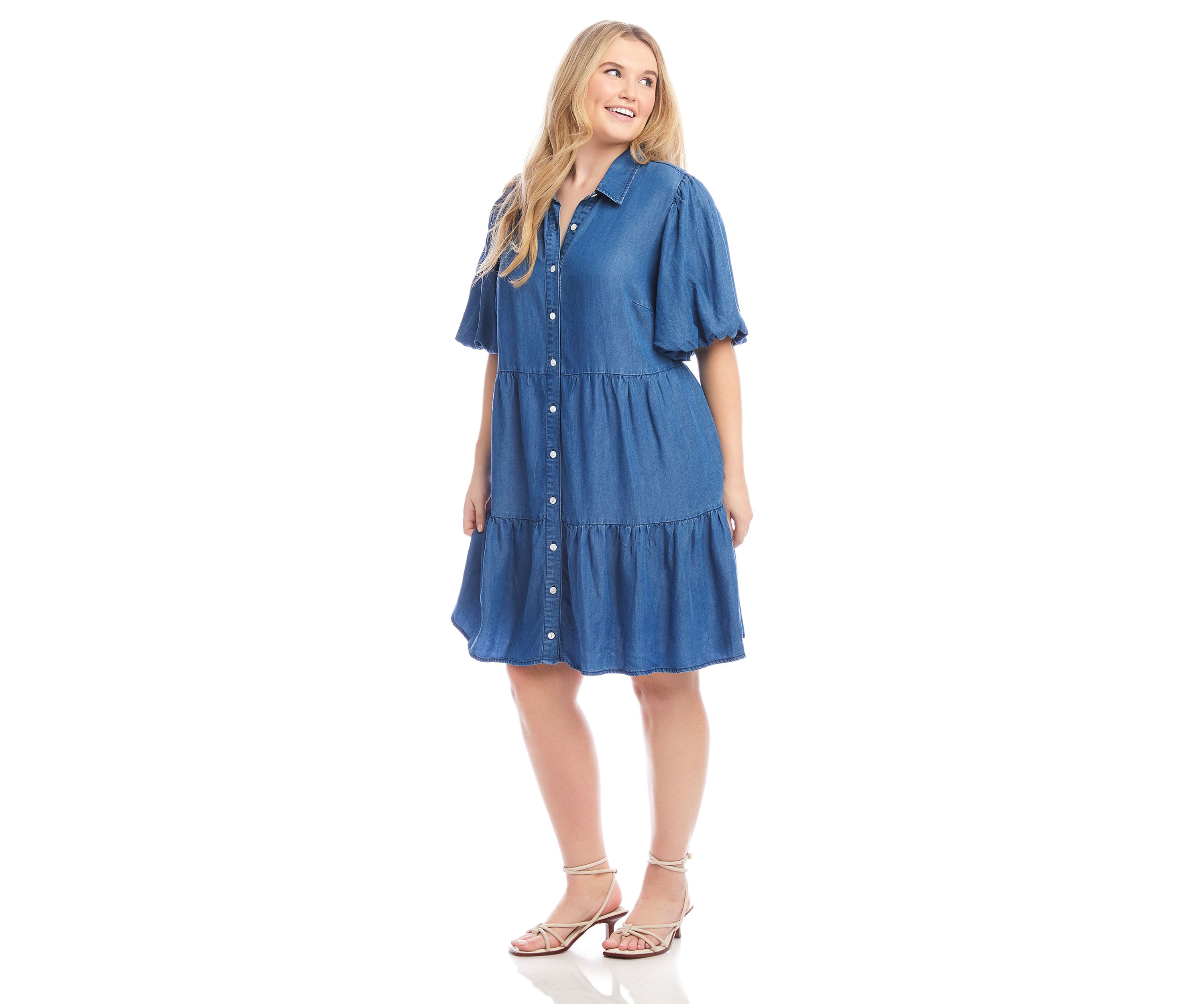 Plus Size Puff Sleeve Tiered Shirtdress
