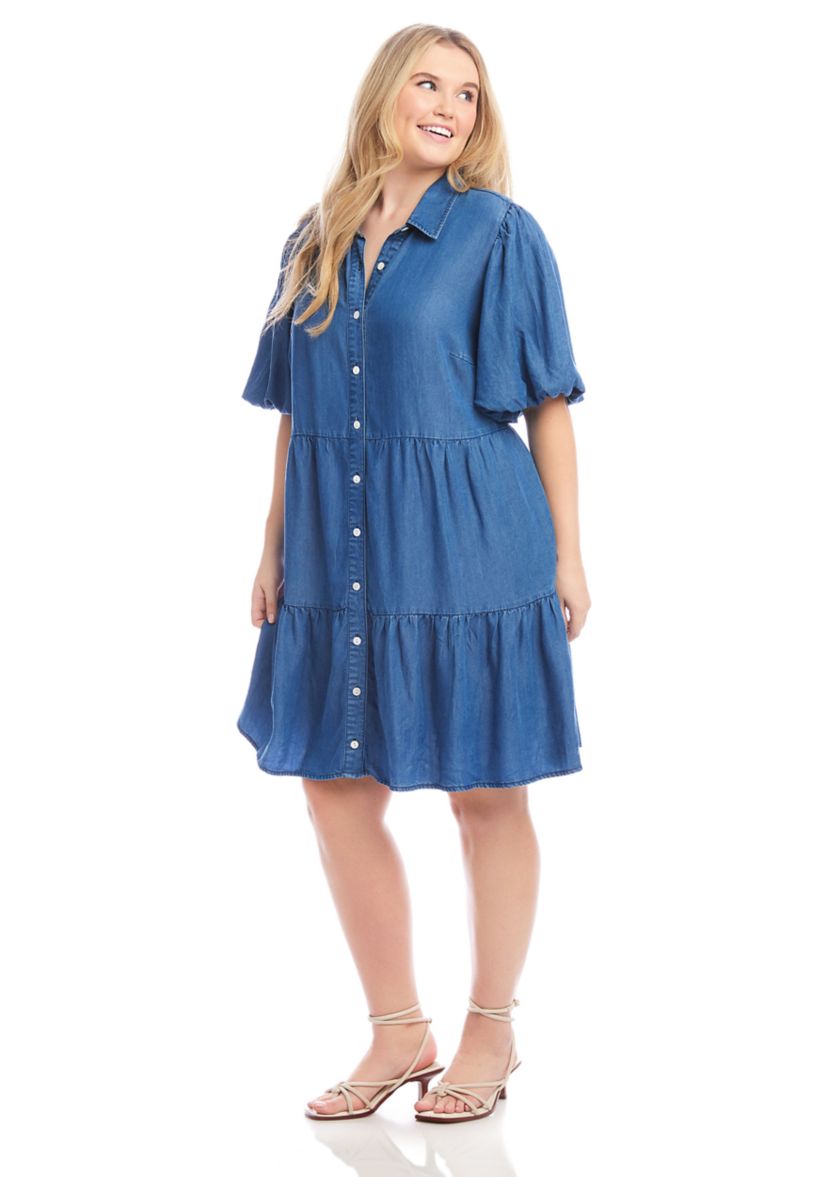 Plus Size Puff Sleeve Tiered Shirtdress