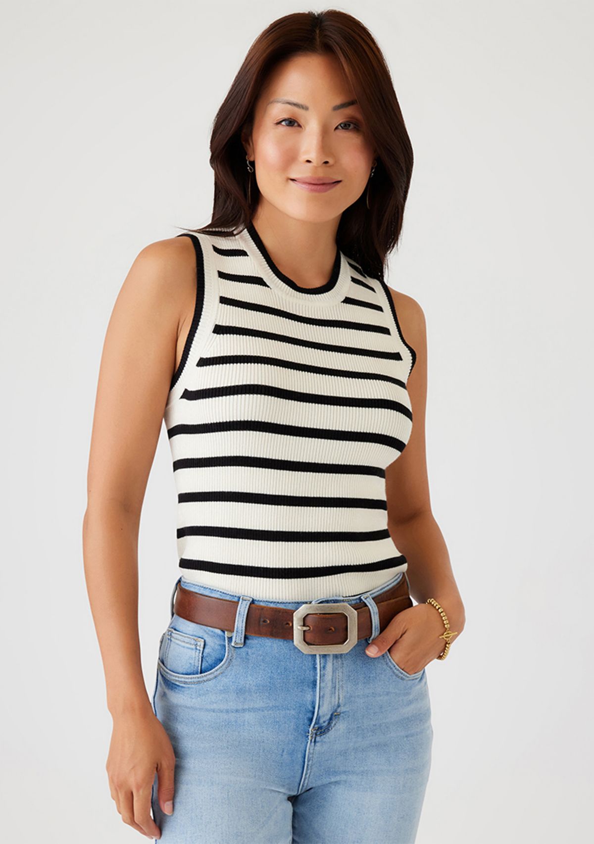 Womens Striped Ribbed Sleeveless Sweater
