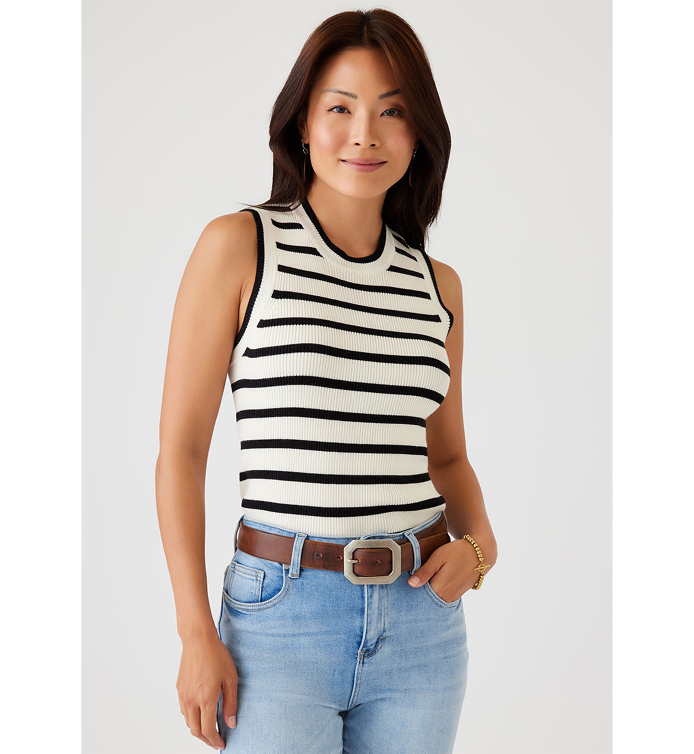 Womens Striped Ribbed Sleeveless Sweater