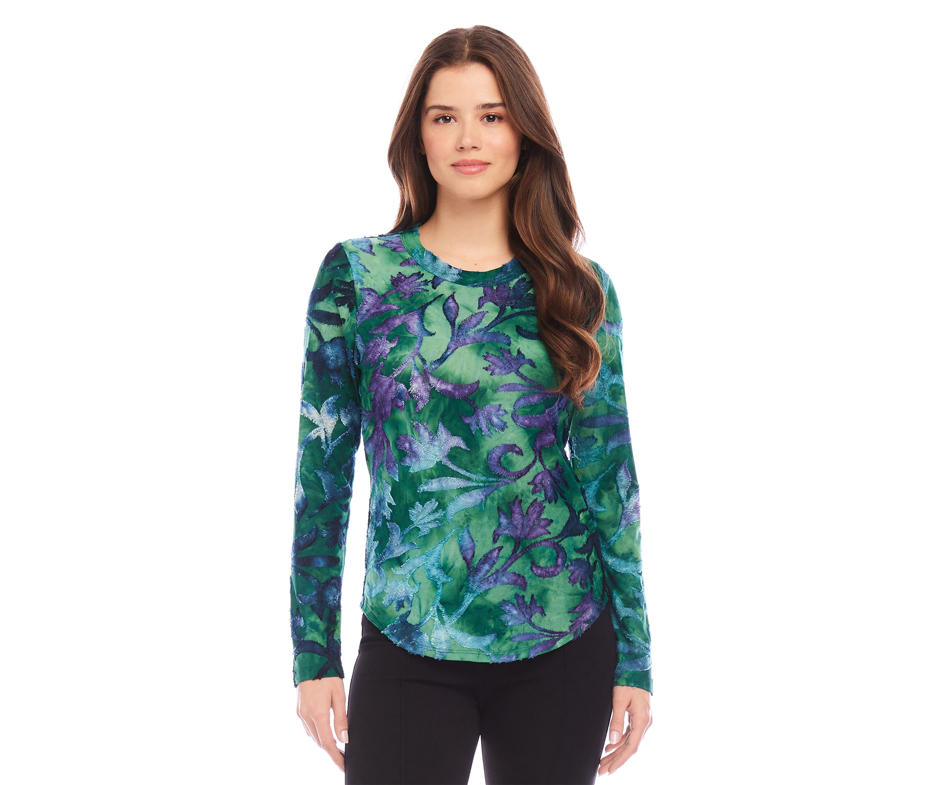 Petite Size Long Sleeve Burnout Printed Top