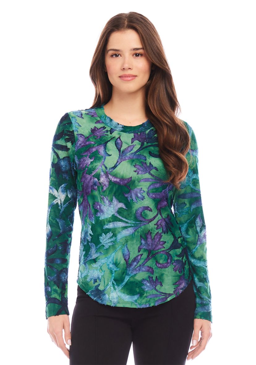 Petite Size Long Sleeve Burnout Printed Top