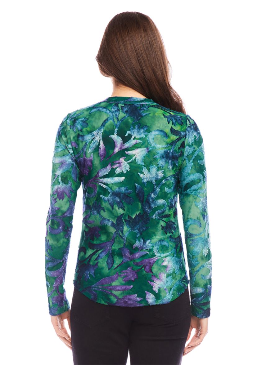Petite Size Long Sleeve Burnout Printed Top