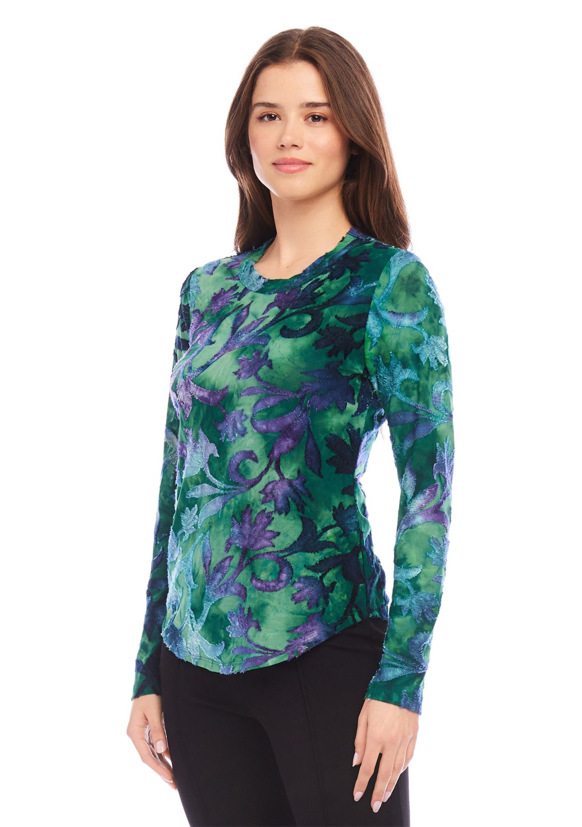 Petite Size Long Sleeve Burnout Printed Top