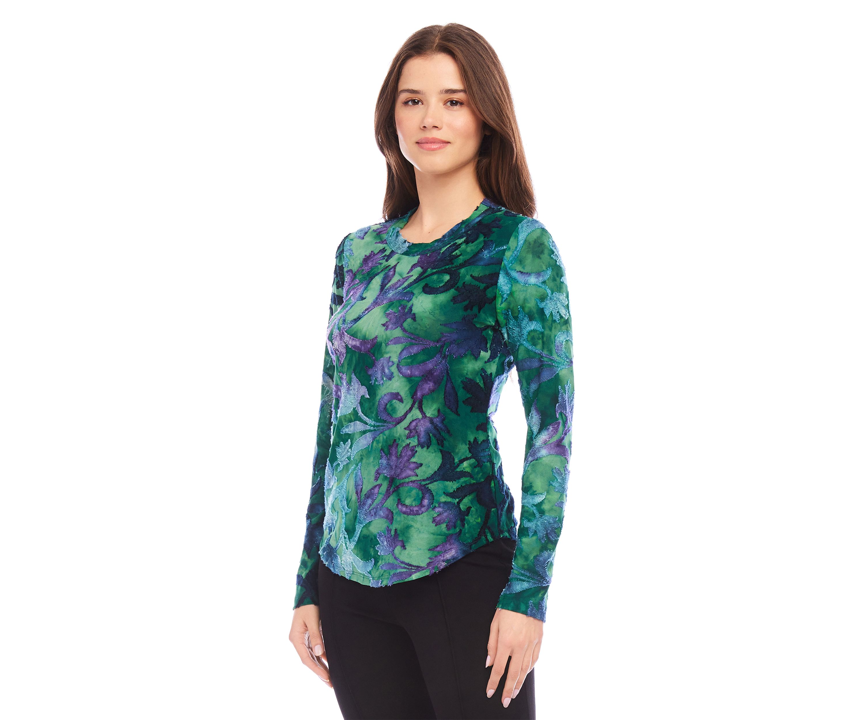 Petite Size Long Sleeve Burnout Printed Top