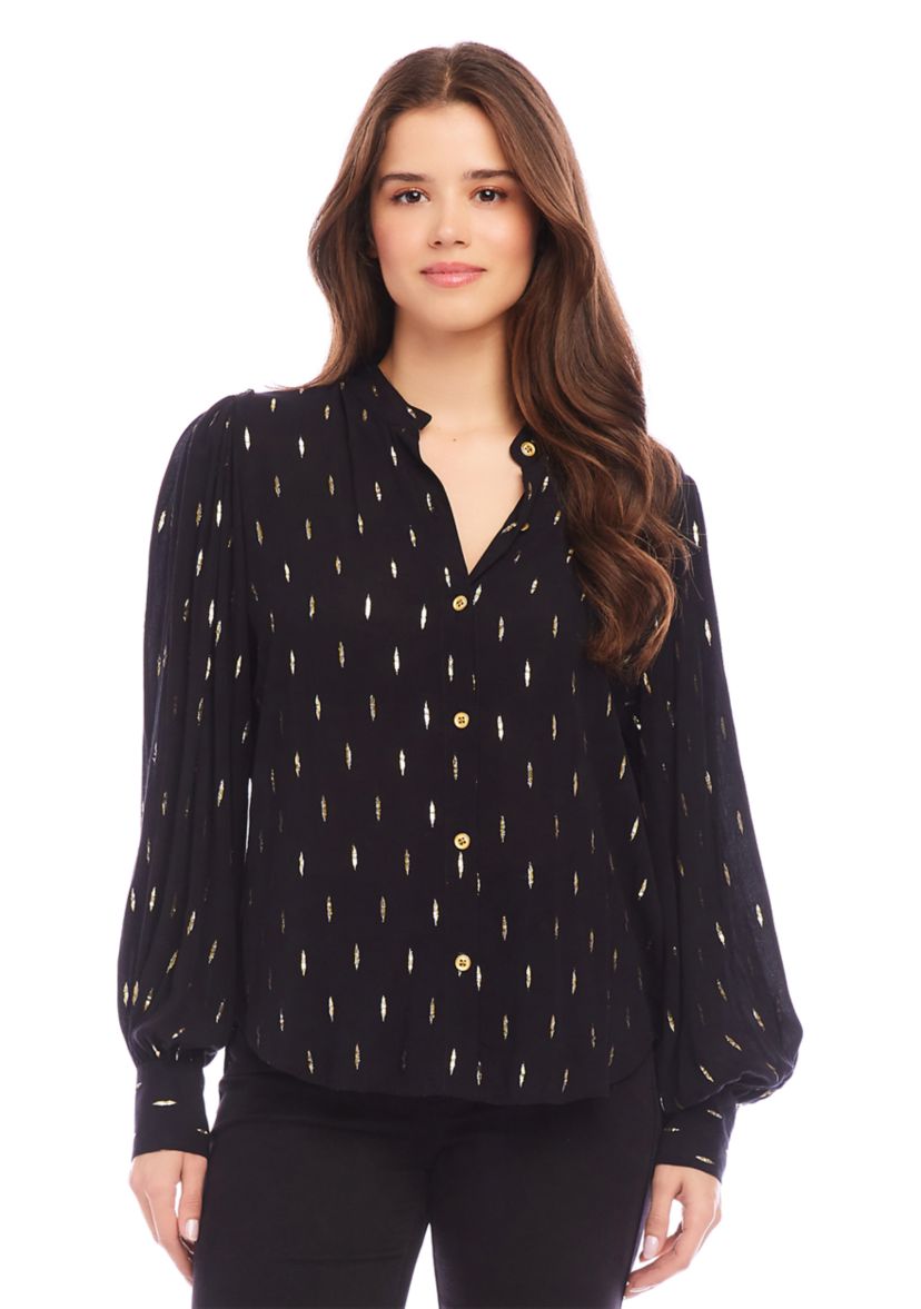 Womens Metallic Shirred Sleeve Metallic Top