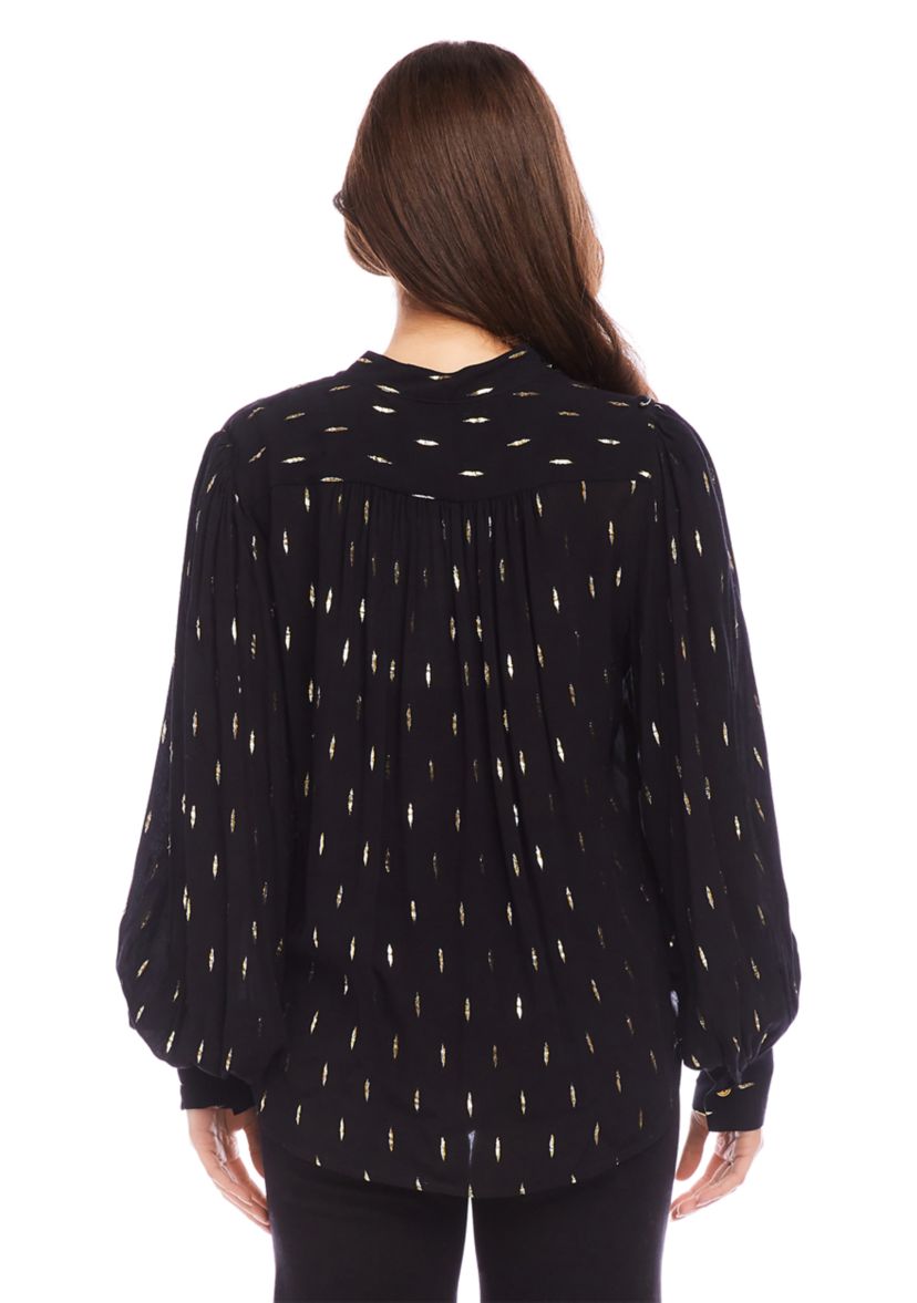 Womens Metallic Shirred Sleeve Metallic Top