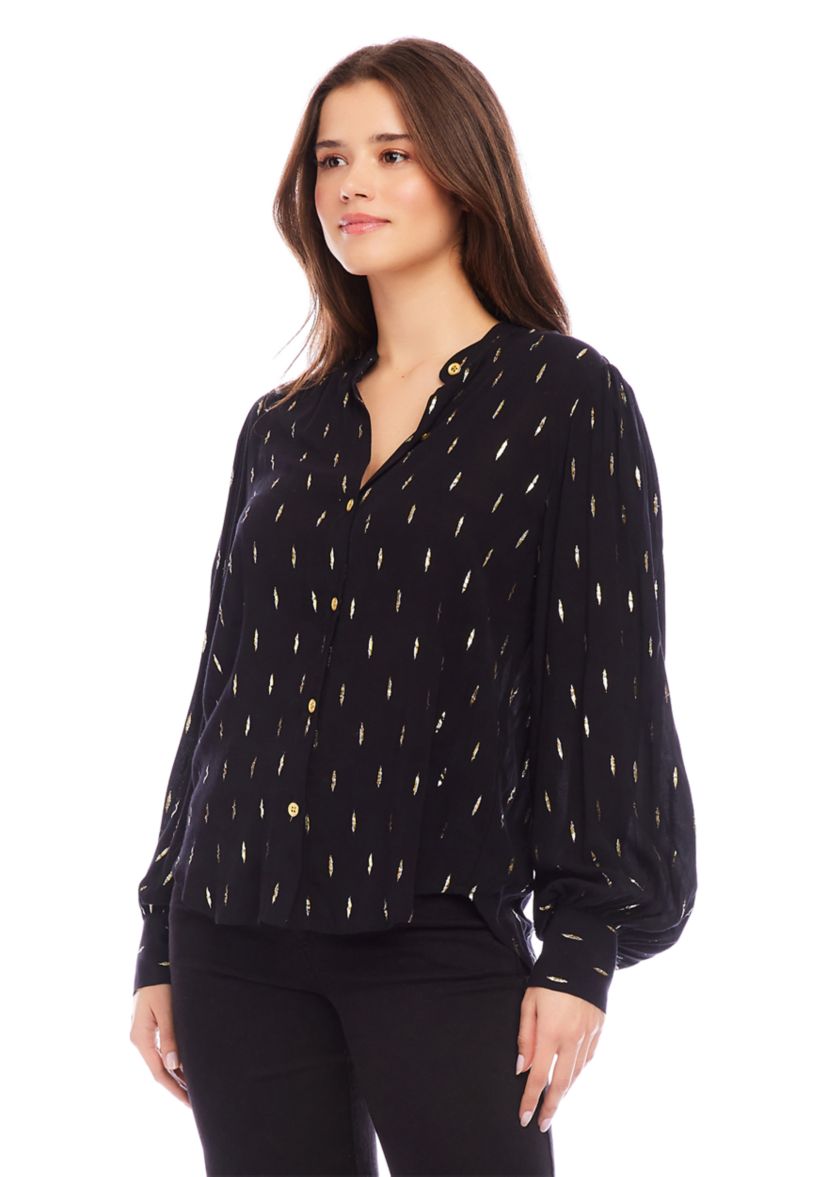 Womens Metallic Shirred Sleeve Metallic Top