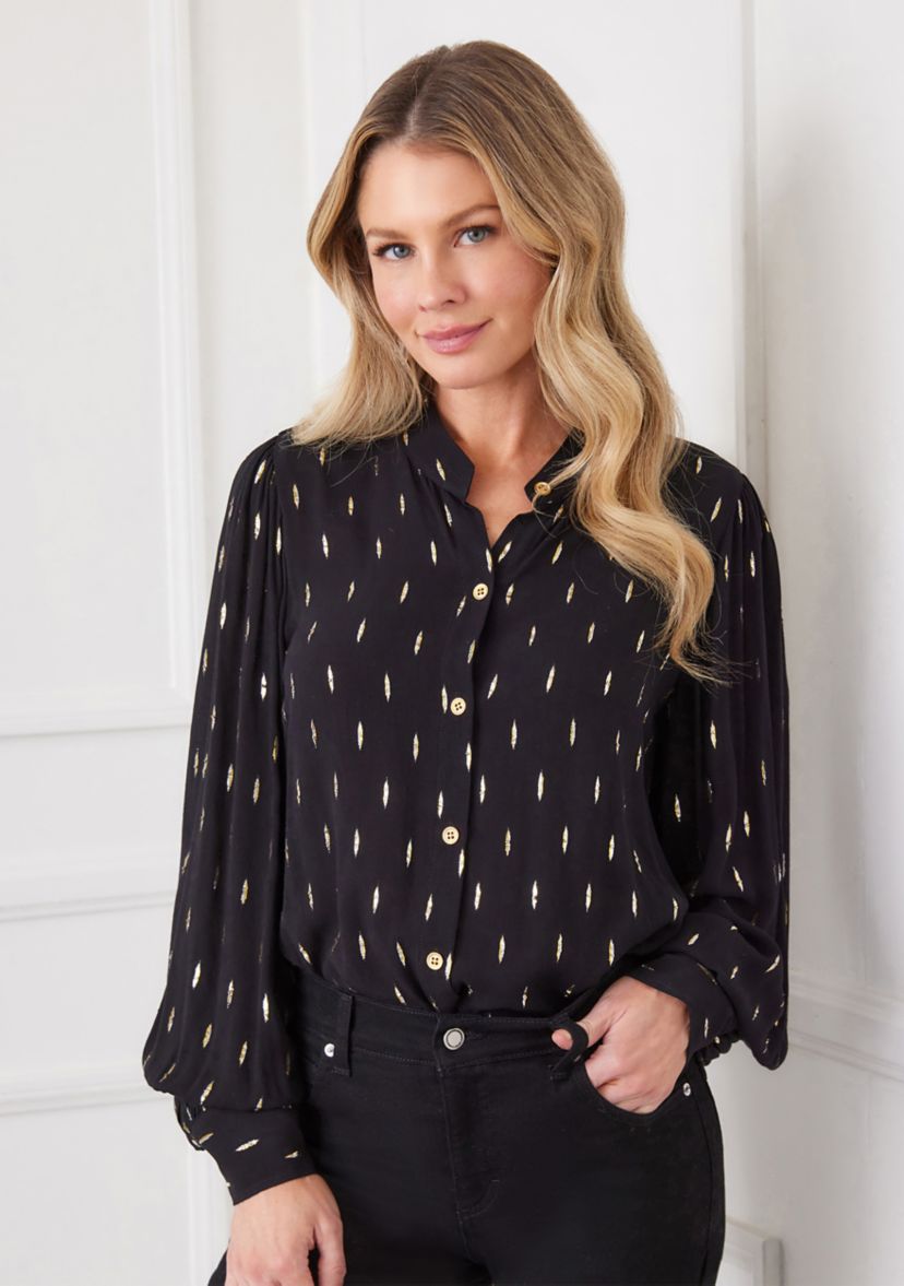 Womens Metallic Shirred Sleeve Metallic Top