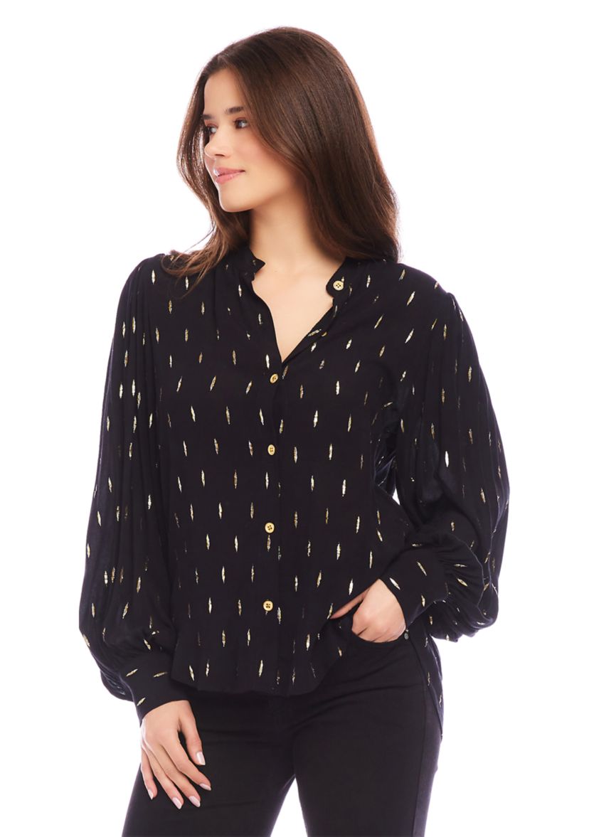 Womens Metallic Shirred Sleeve Metallic Top