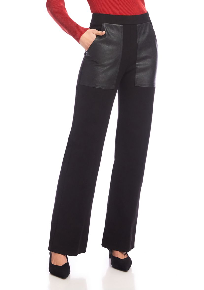 Womens Contrast Faux Leather Pocket Wide Leg Pants 