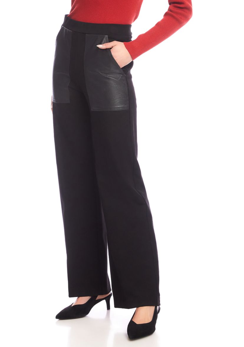 Womens Contrast Faux Leather Pocket Wide Leg Pants 