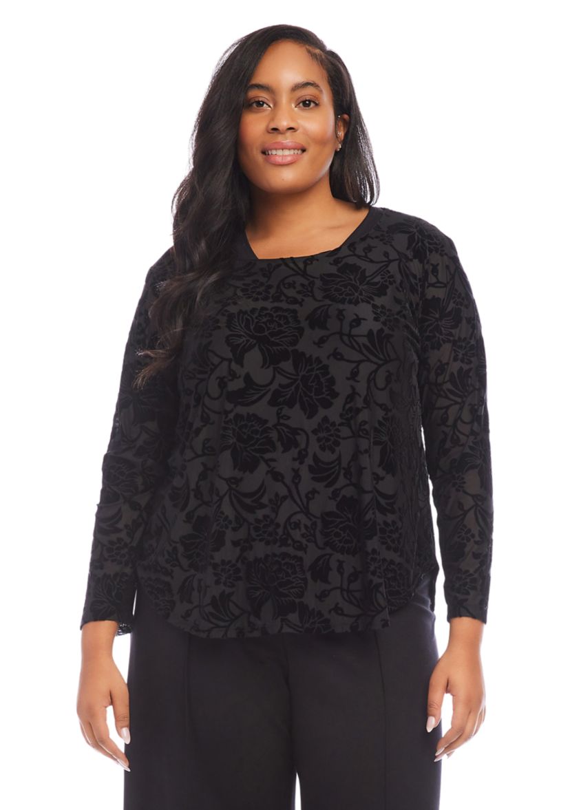 Plus Size Velvet Burnout Shirttail Top