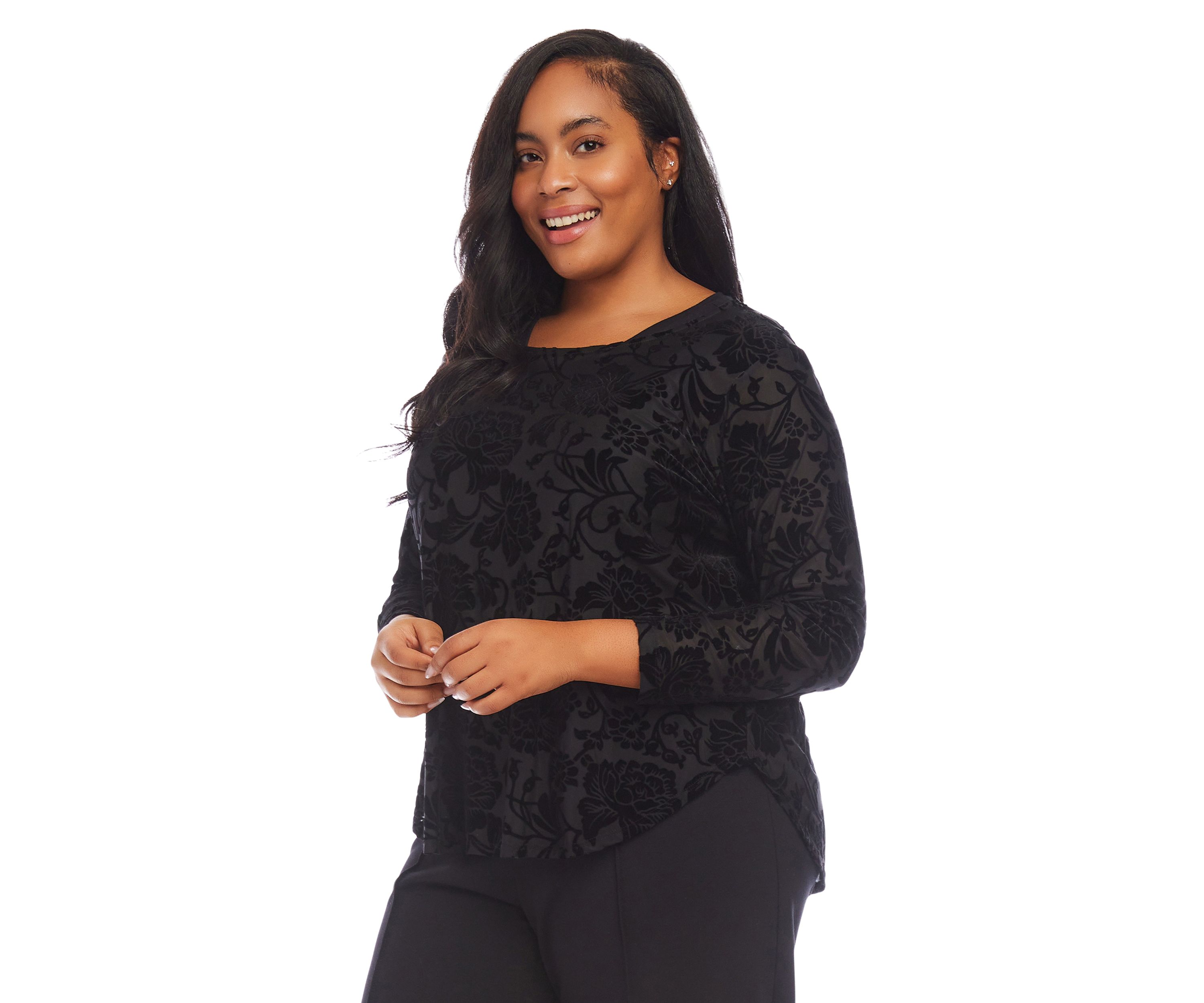 Plus Size Velvet Burnout Shirttail Top