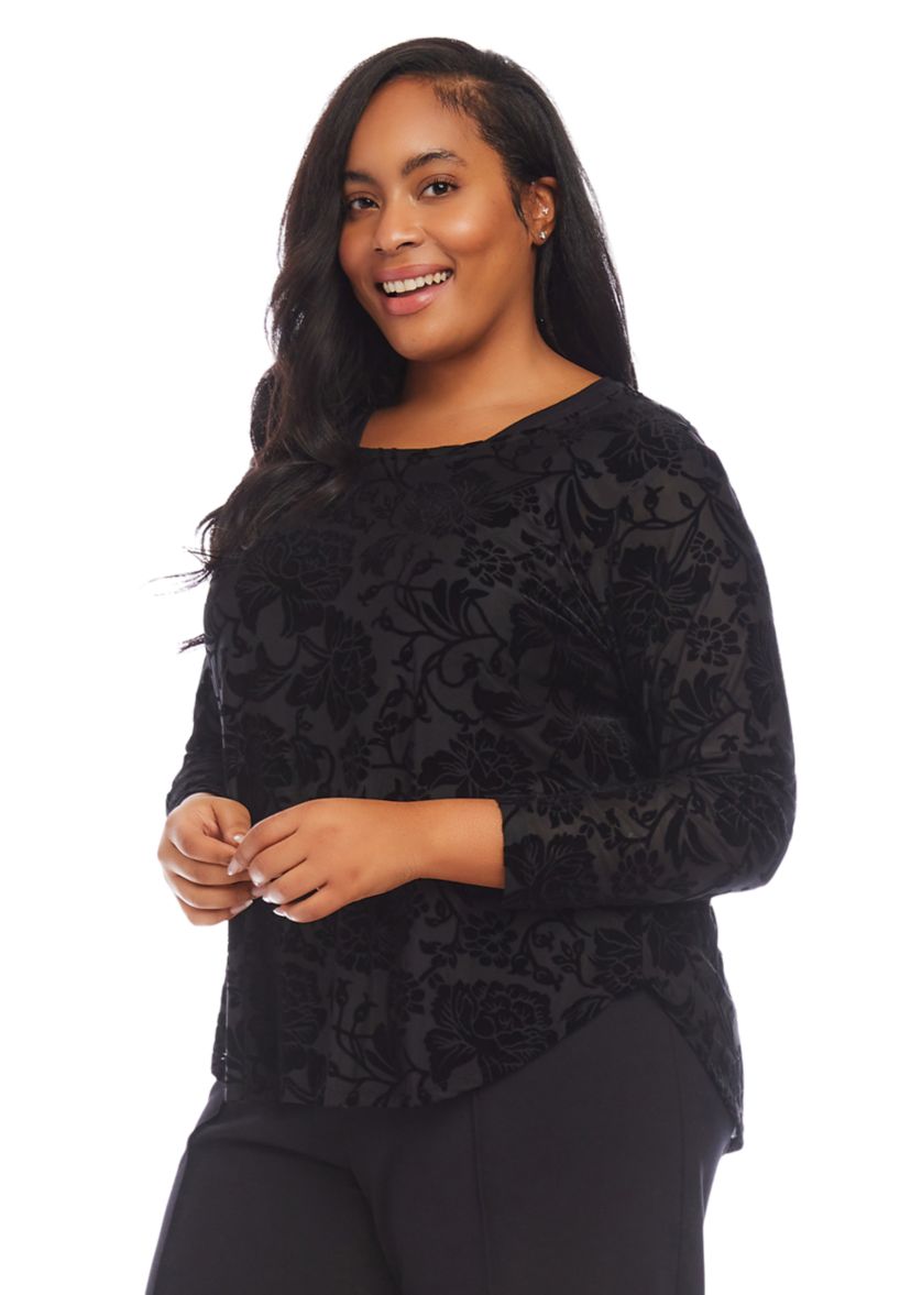 Plus Size Velvet Burnout Shirttail Top