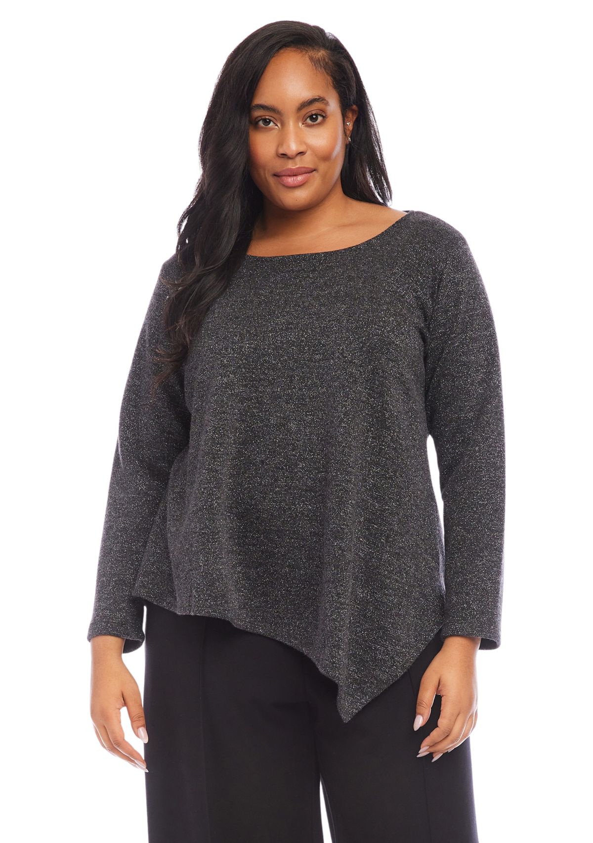 Plus Size Long Sleeve Metallic Asymmetric Top