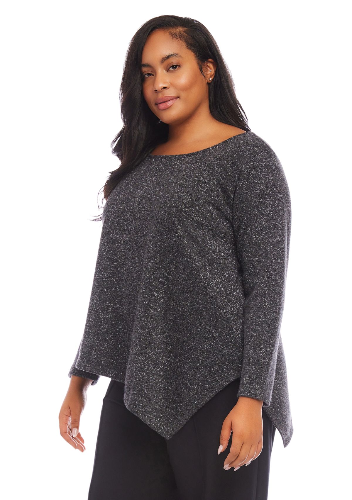 Plus Size Long Sleeve Metallic Asymmetric Top
