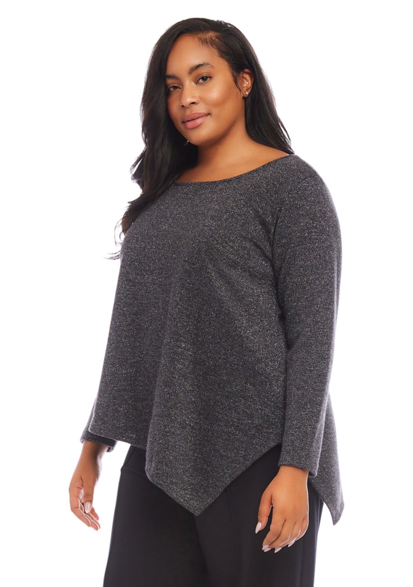 Plus Size Long Sleeve Metallic Asymmetric Top