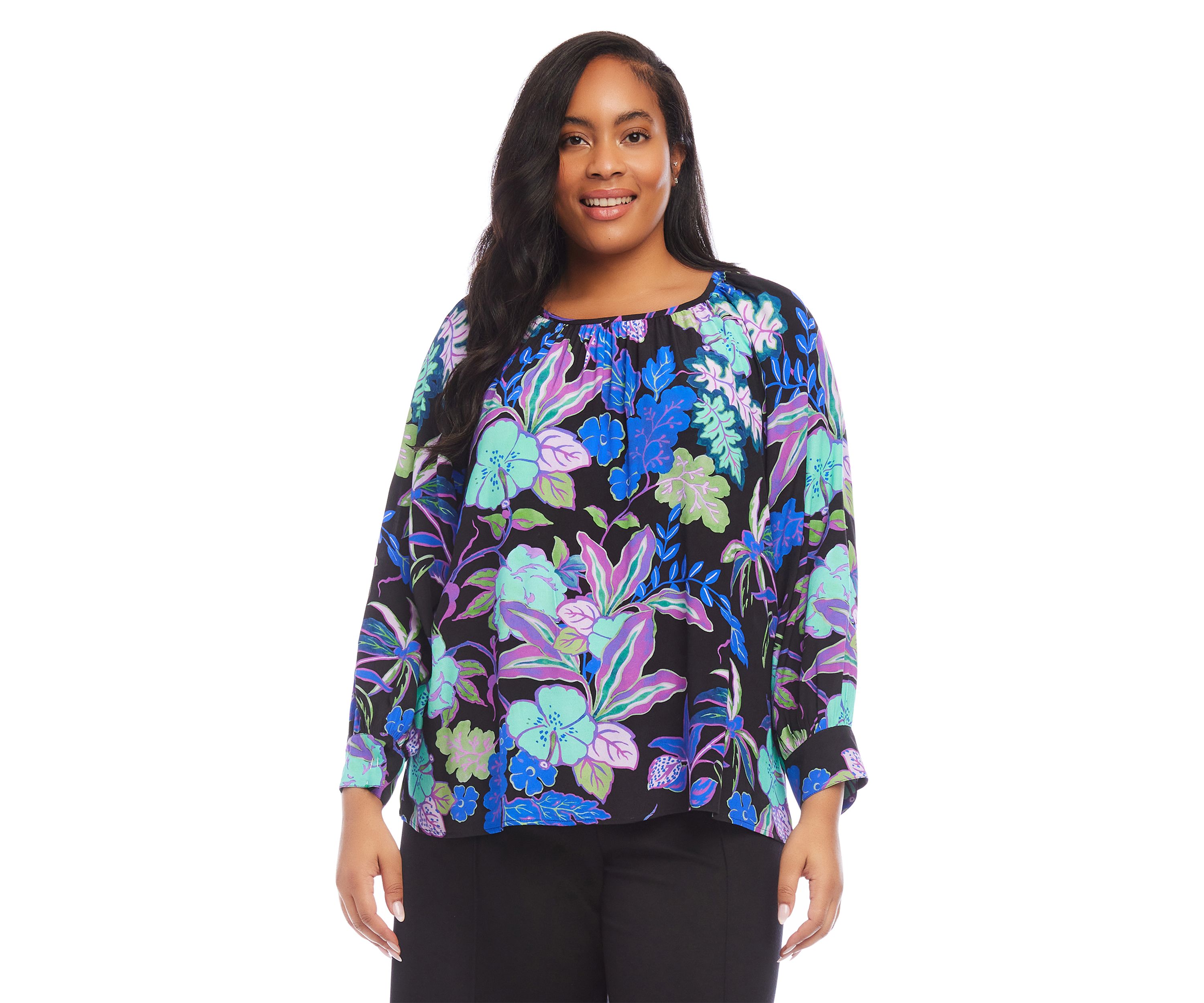 Plus Size Long Sleeve Printed Peasant Top