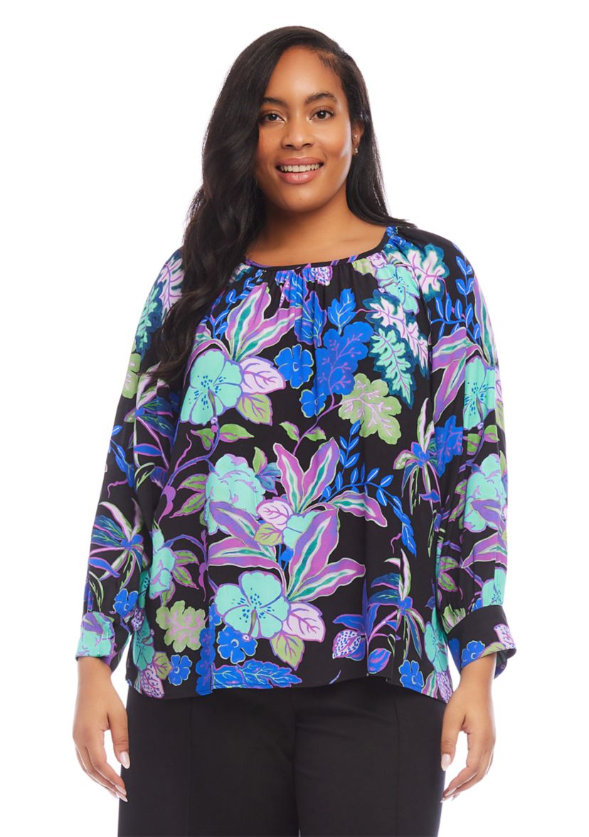 Plus Size Long Sleeve Printed Peasant Top