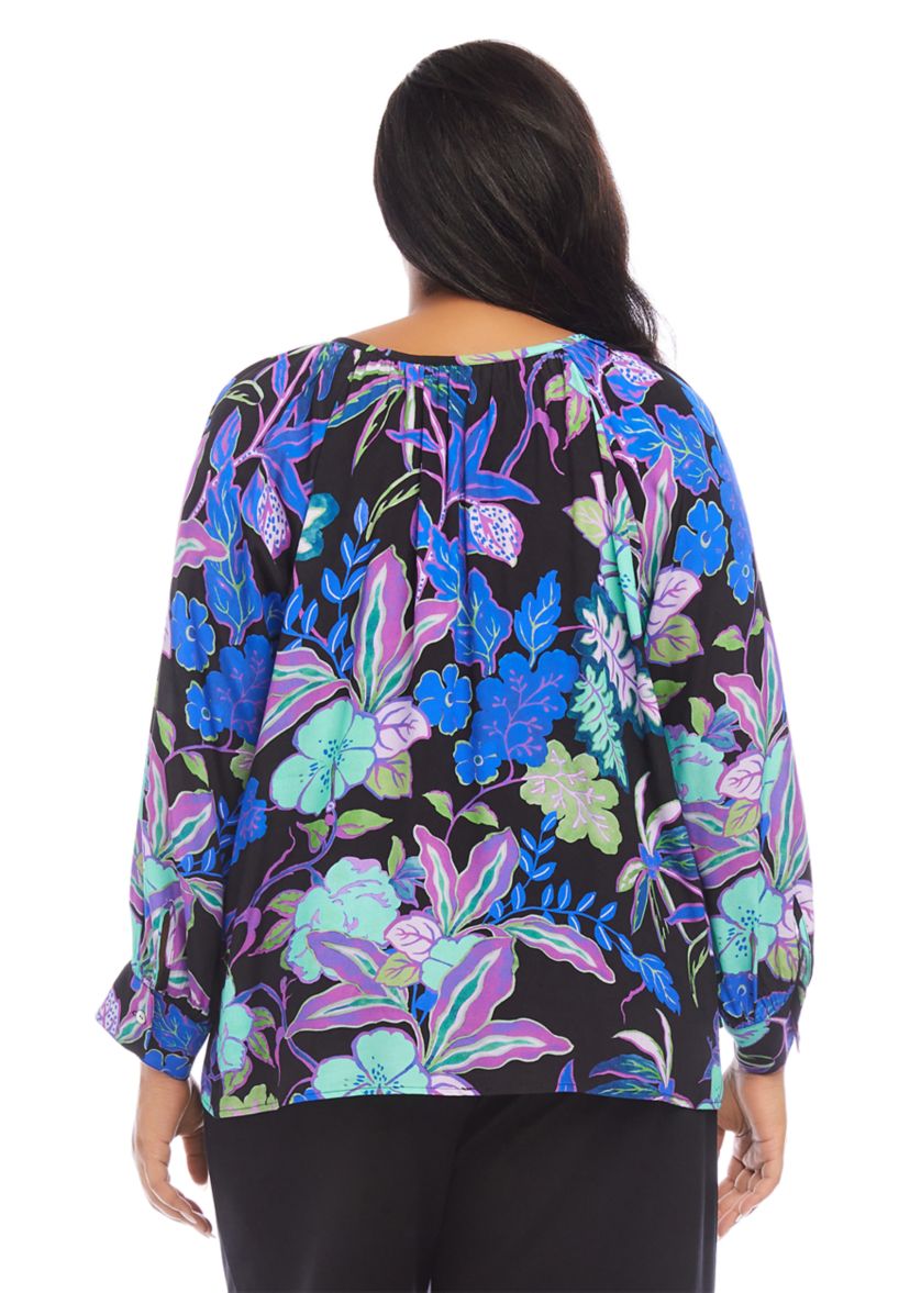 Plus Size Long Sleeve Printed Peasant Top