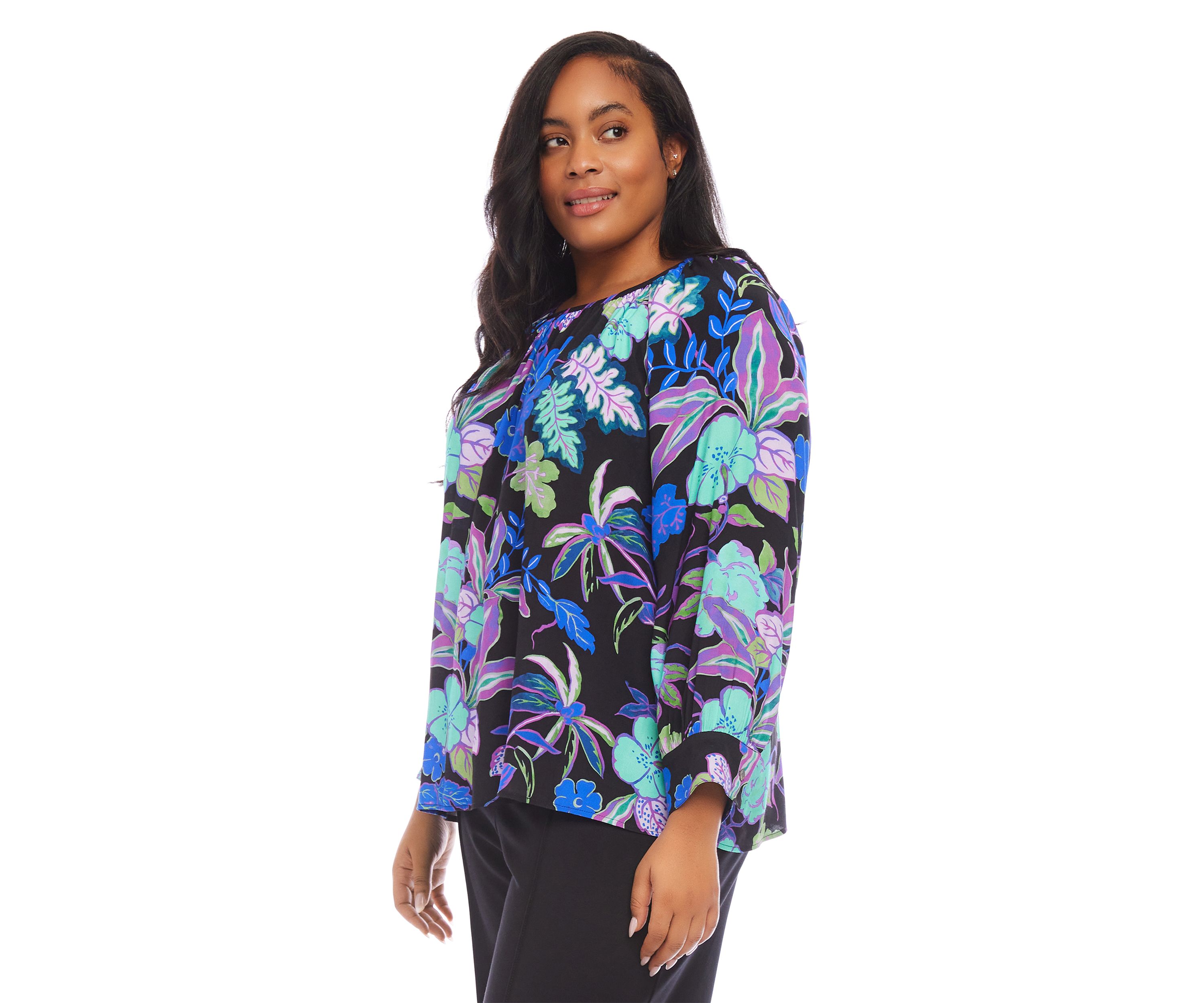Plus Size Long Sleeve Printed Peasant Top