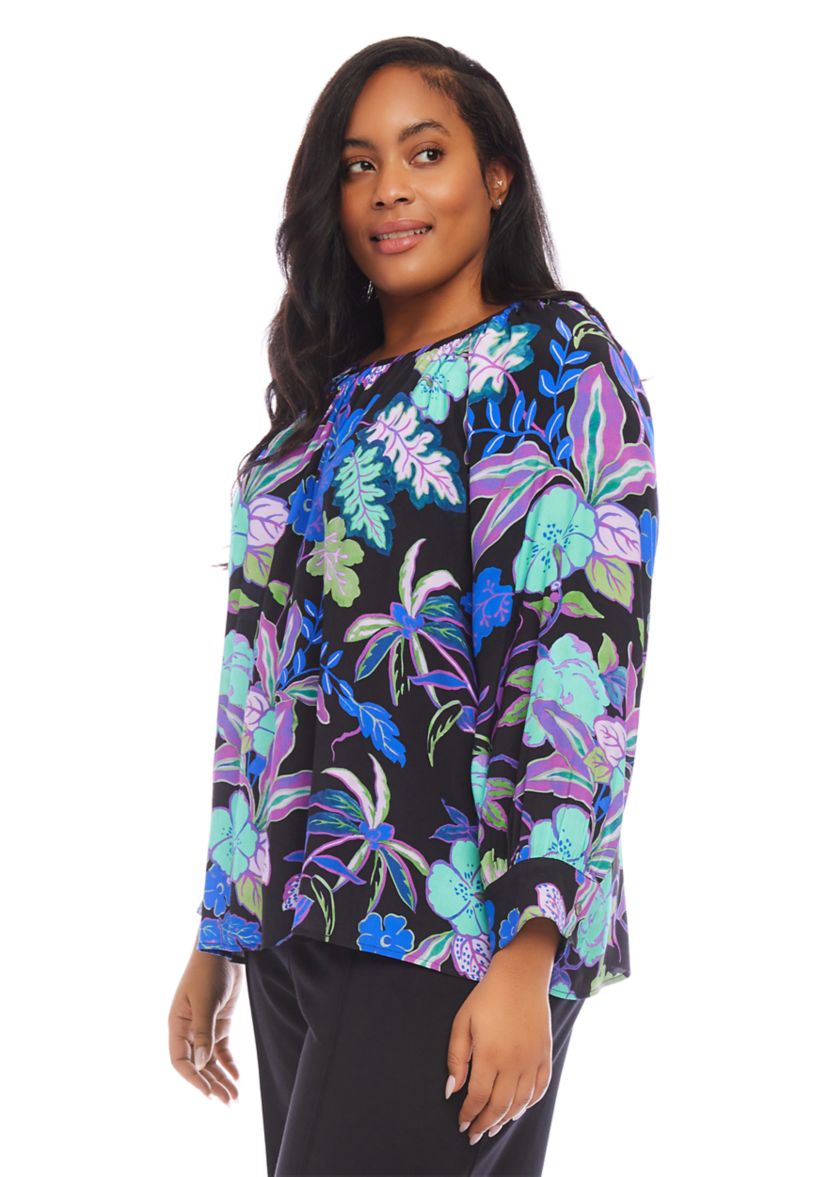 Plus Size Long Sleeve Printed Peasant Top