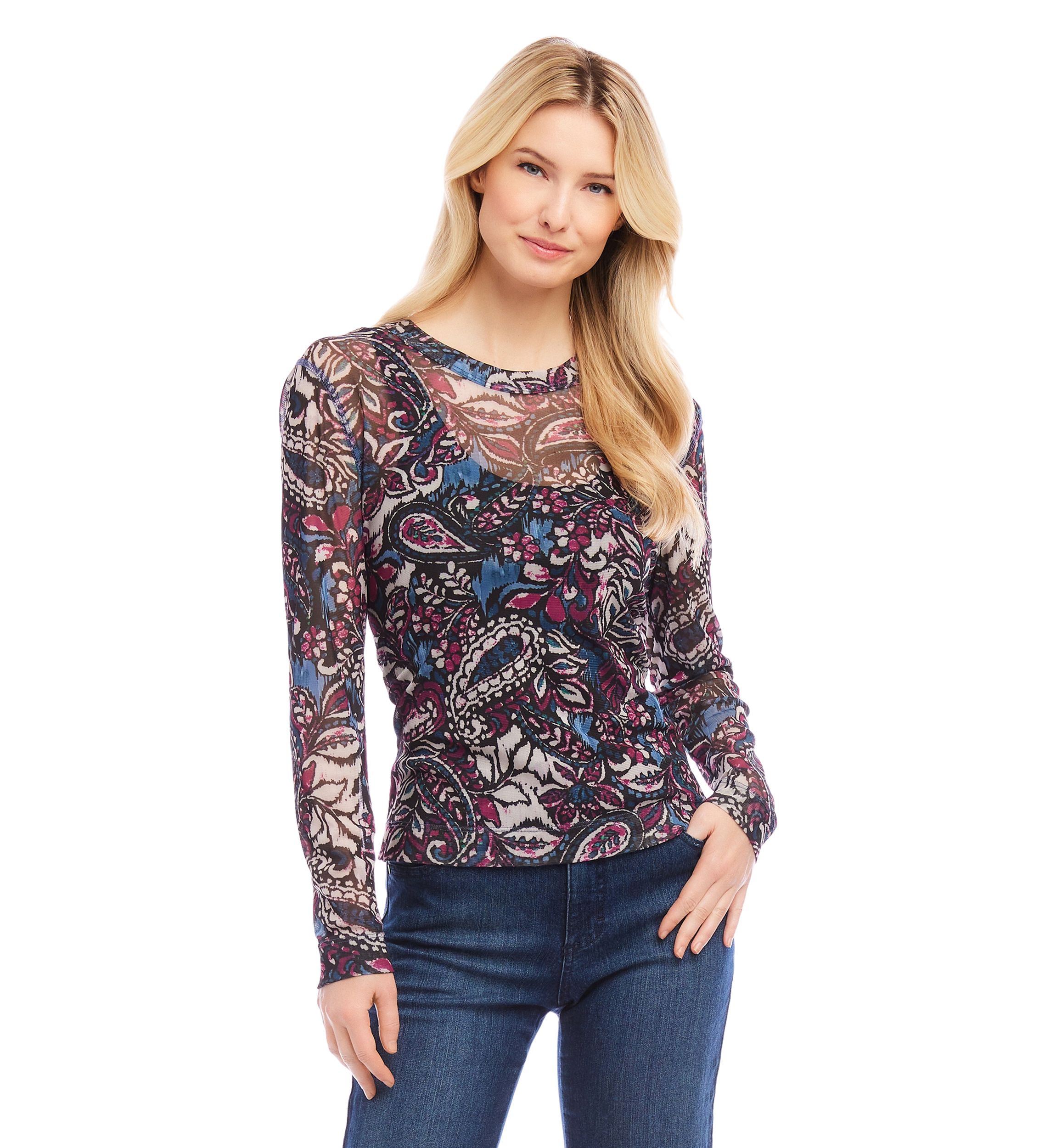 Petite Size Long Sleeve Paisley Crew Neck Top