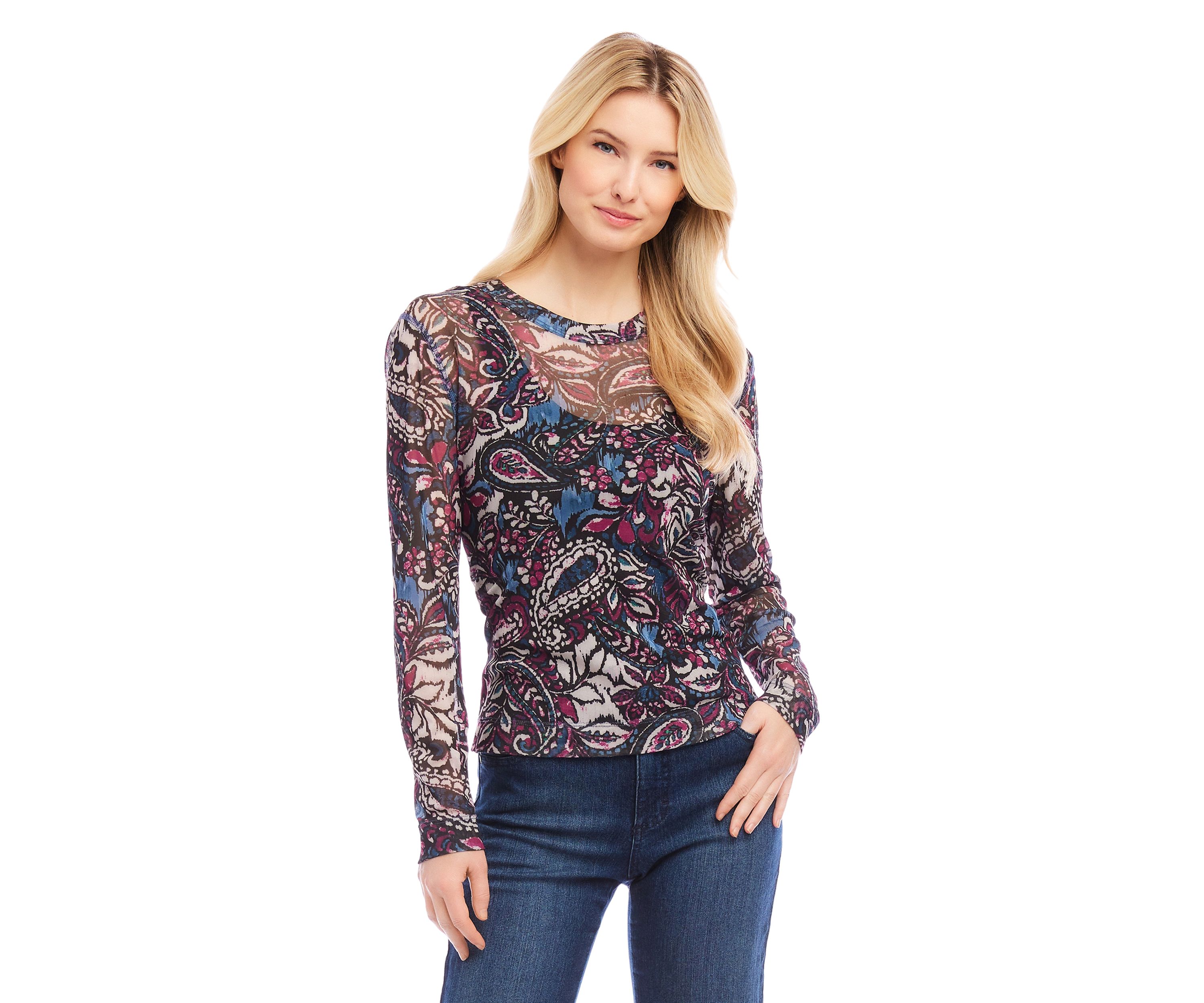 Petite Size Long Sleeve Paisley Crew Neck Top