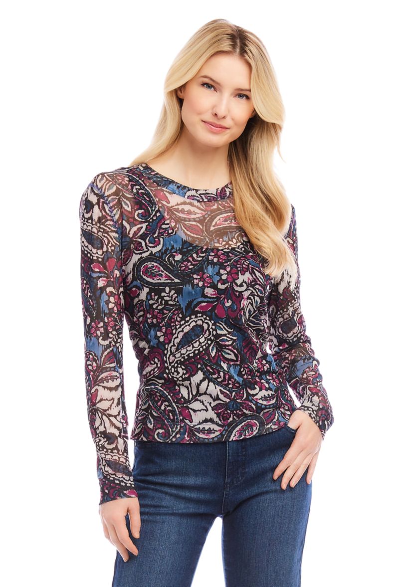 Petite Size Long Sleeve Paisley Crew Neck Top