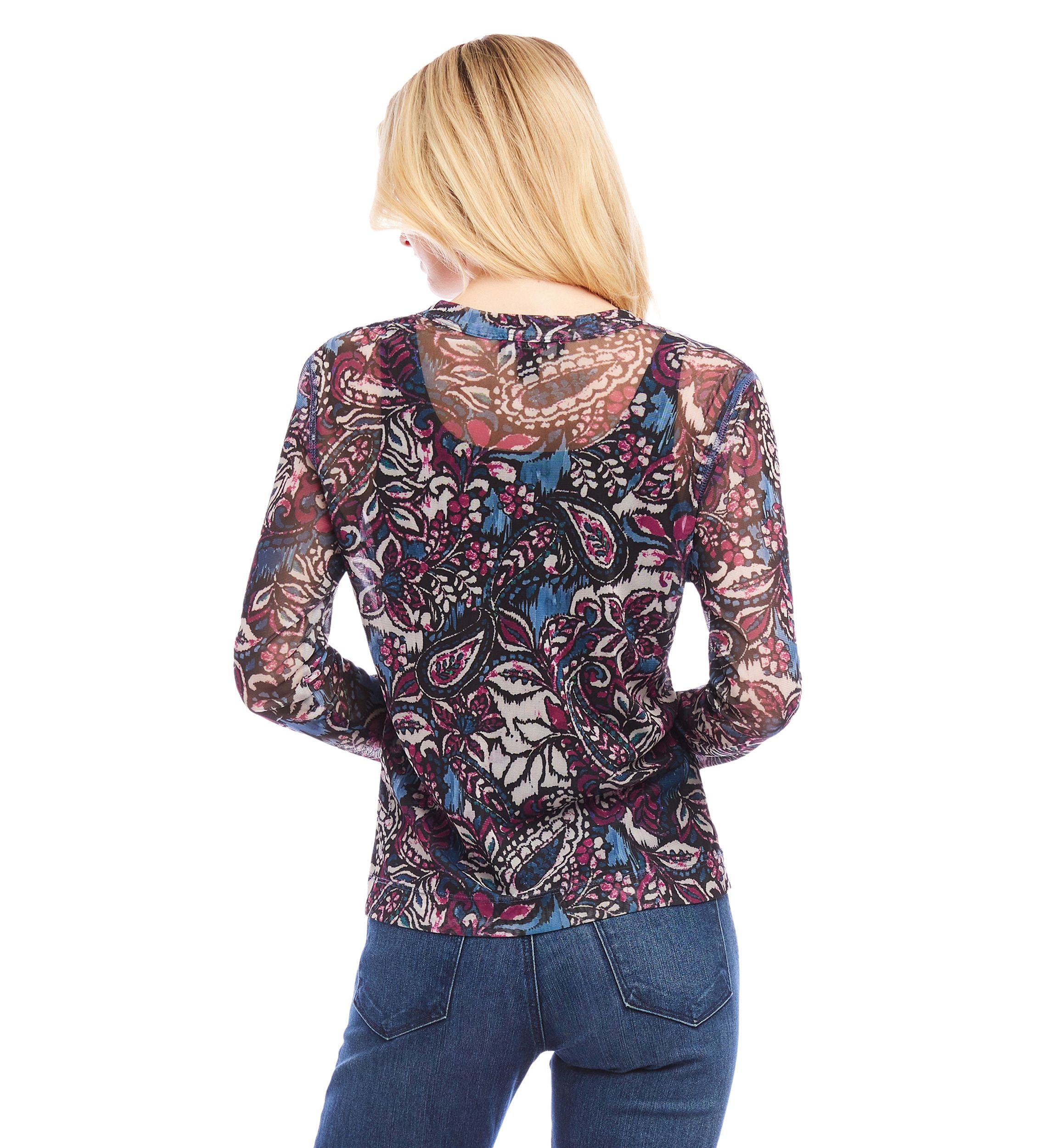 Petite Size Long Sleeve Paisley Crew Neck Top