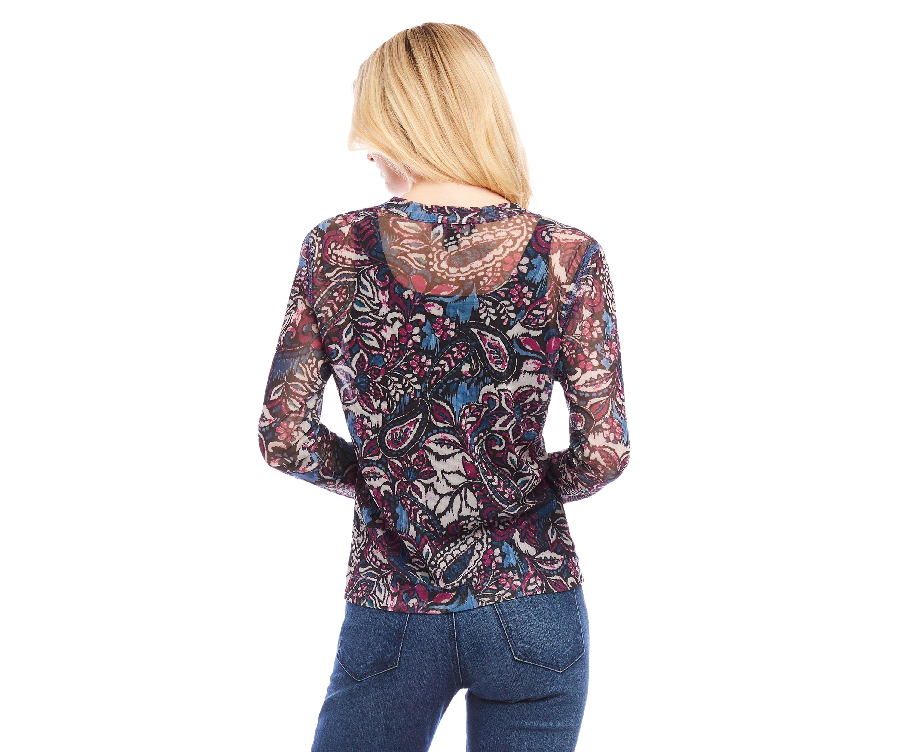 Petite Size Long Sleeve Paisley Crew Neck Top
