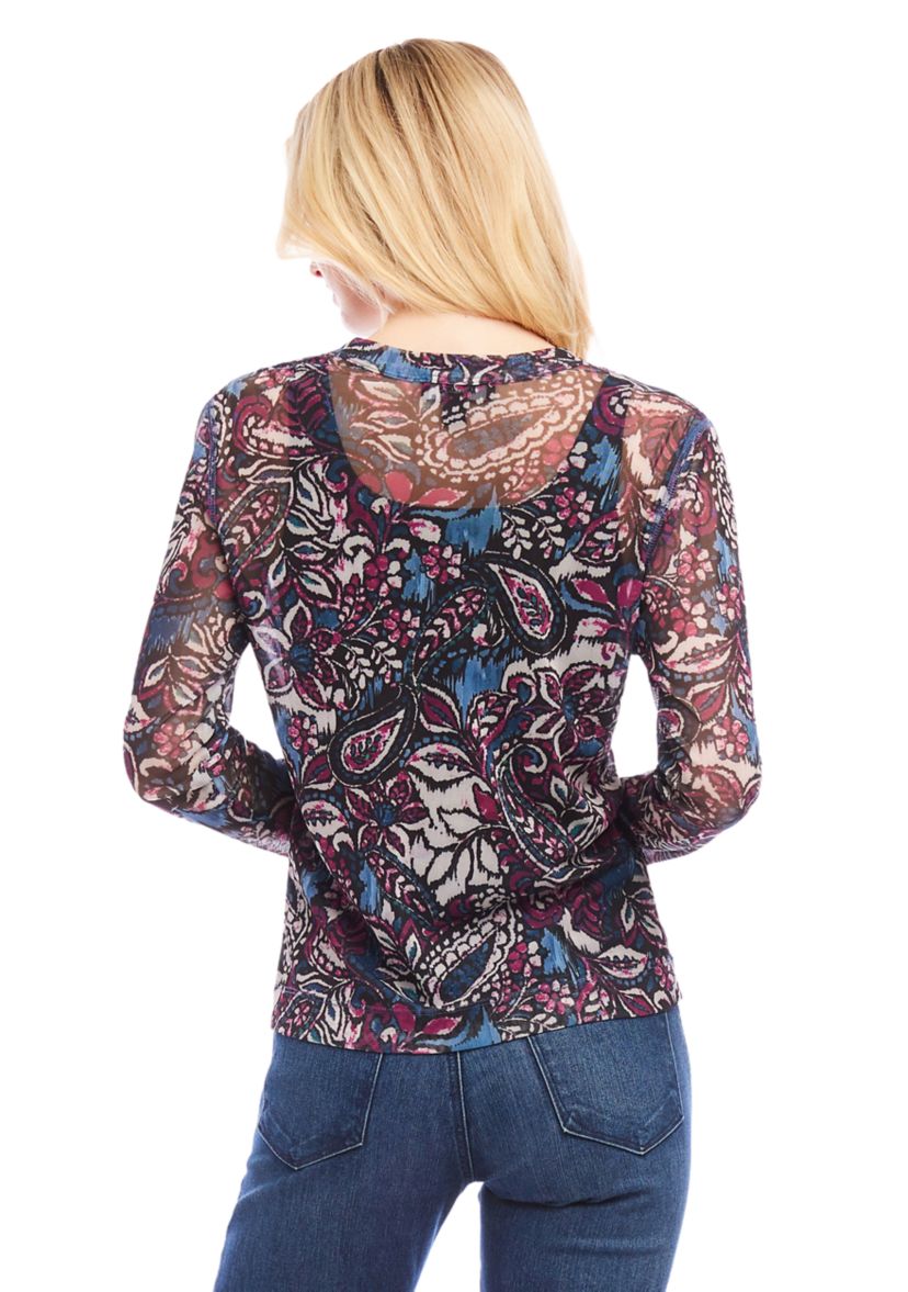 Petite Size Long Sleeve Paisley Crew Neck Top