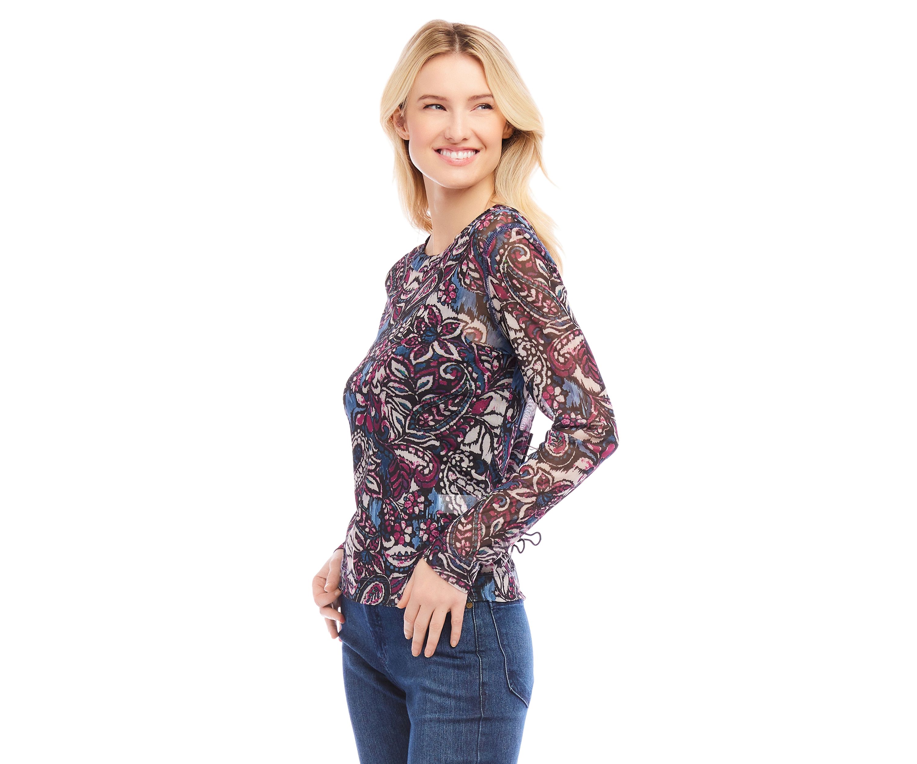 Petite Size Long Sleeve Paisley Crew Neck Top