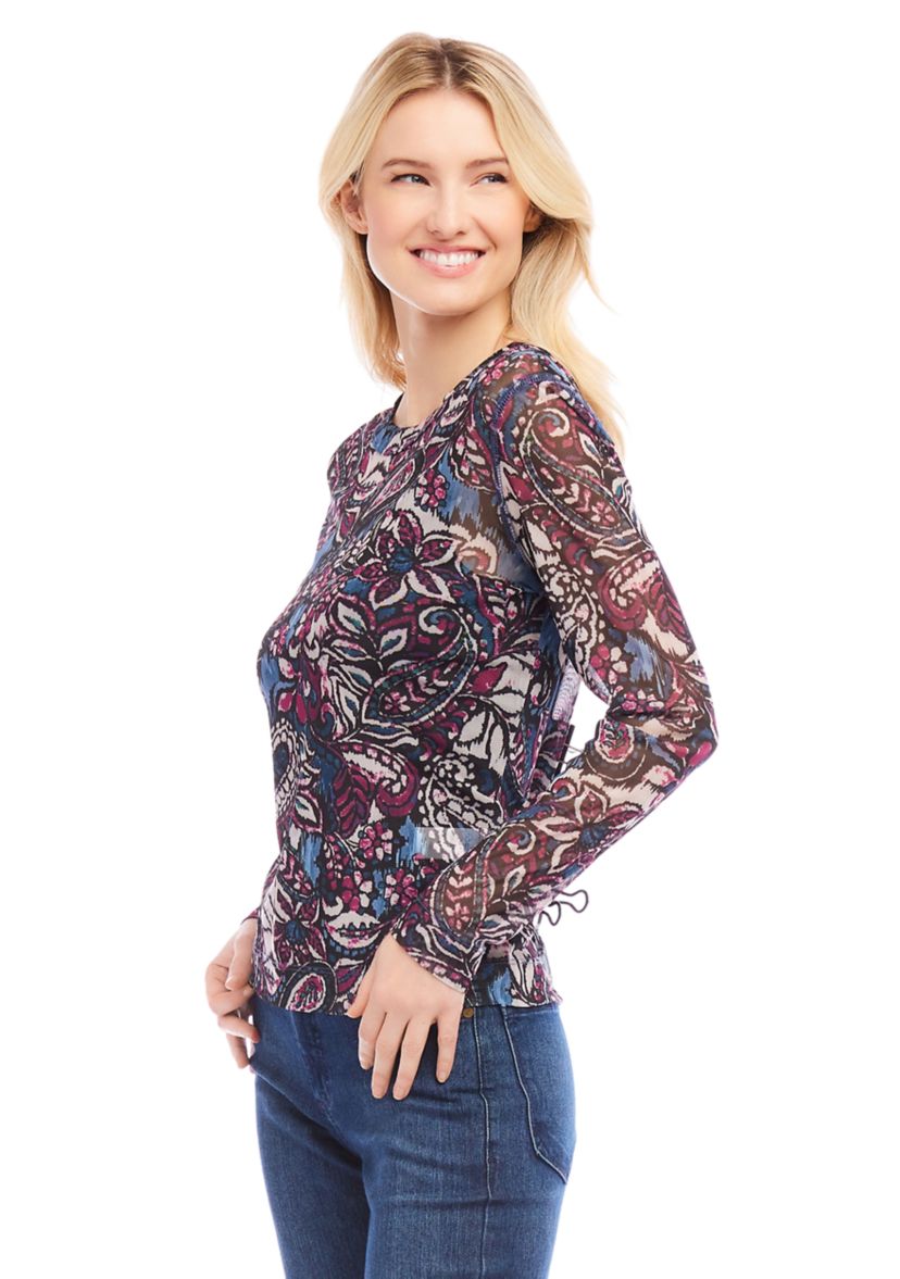 Petite Size Long Sleeve Paisley Crew Neck Top