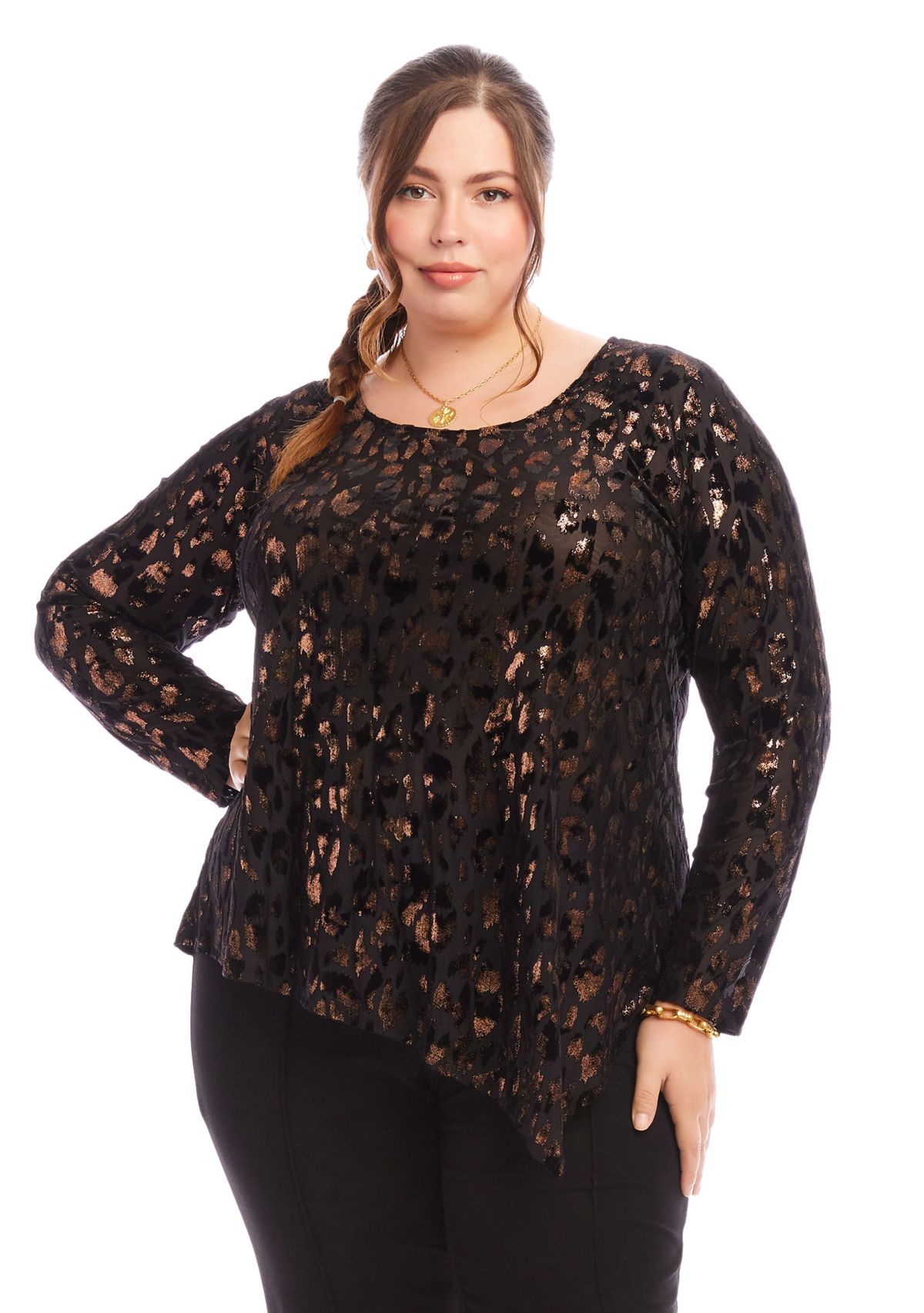 Plus Size Velvet Burnout Asymmetric Top