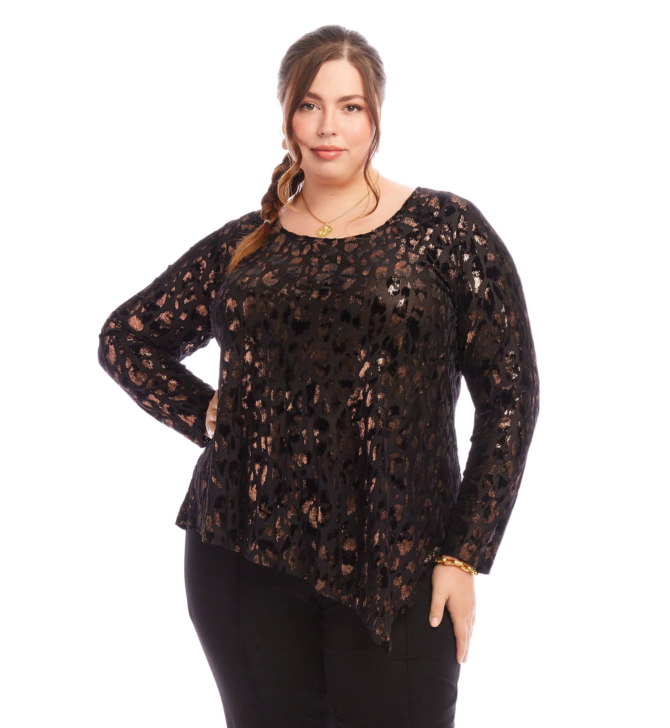 Plus Size Velvet Burnout Asymmetric Top