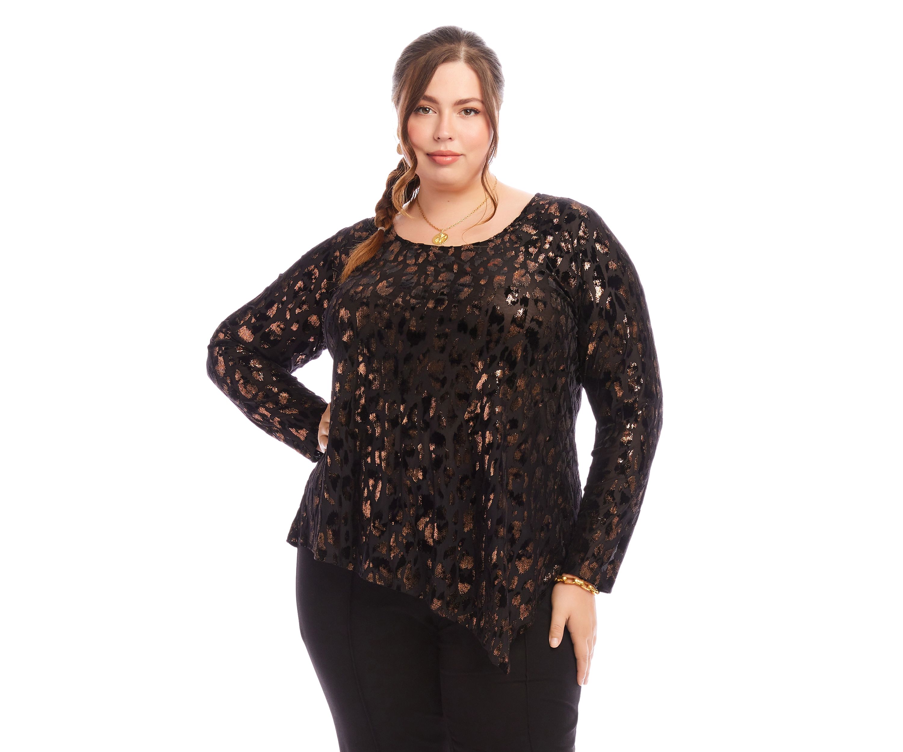 Plus Size Velvet Burnout Asymmetric Top