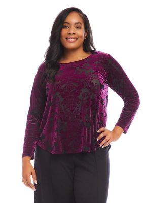 Karen Kane Women's Plus Size Velvet Burnout Shirttail Top, 2X