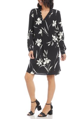 Women's Long Sleeve Floral Crepe Shirtdress