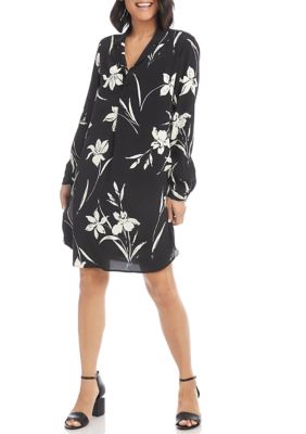 Women's Long Sleeve Floral Crepe Shirtdress