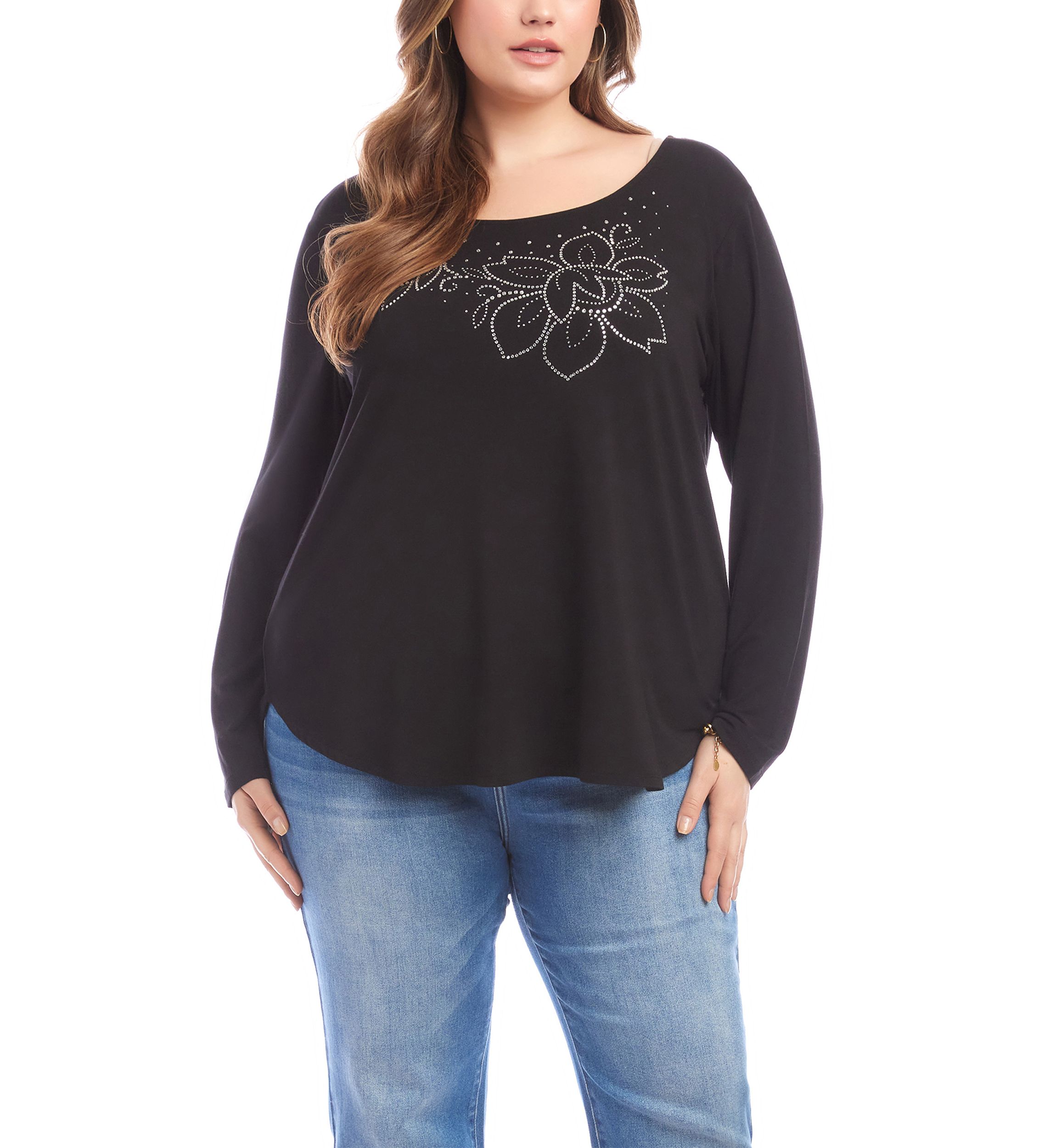 Plus Size Long Sleeve Embellished Shirttail Top