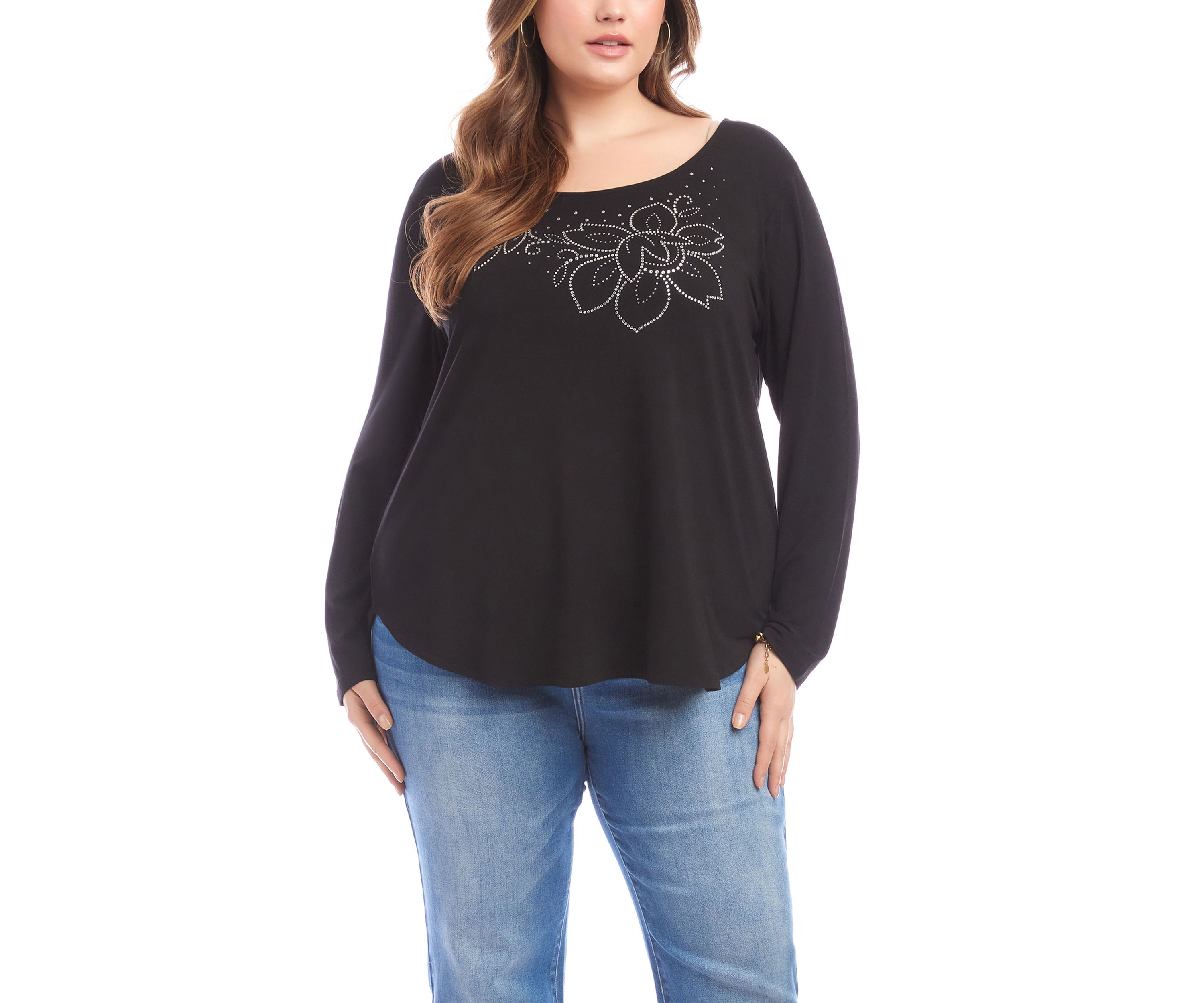 Plus Size Long Sleeve Embellished Shirttail Top