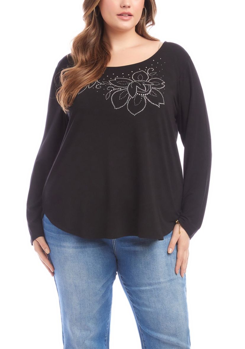 Plus Size Long Sleeve Embellished Shirttail Top