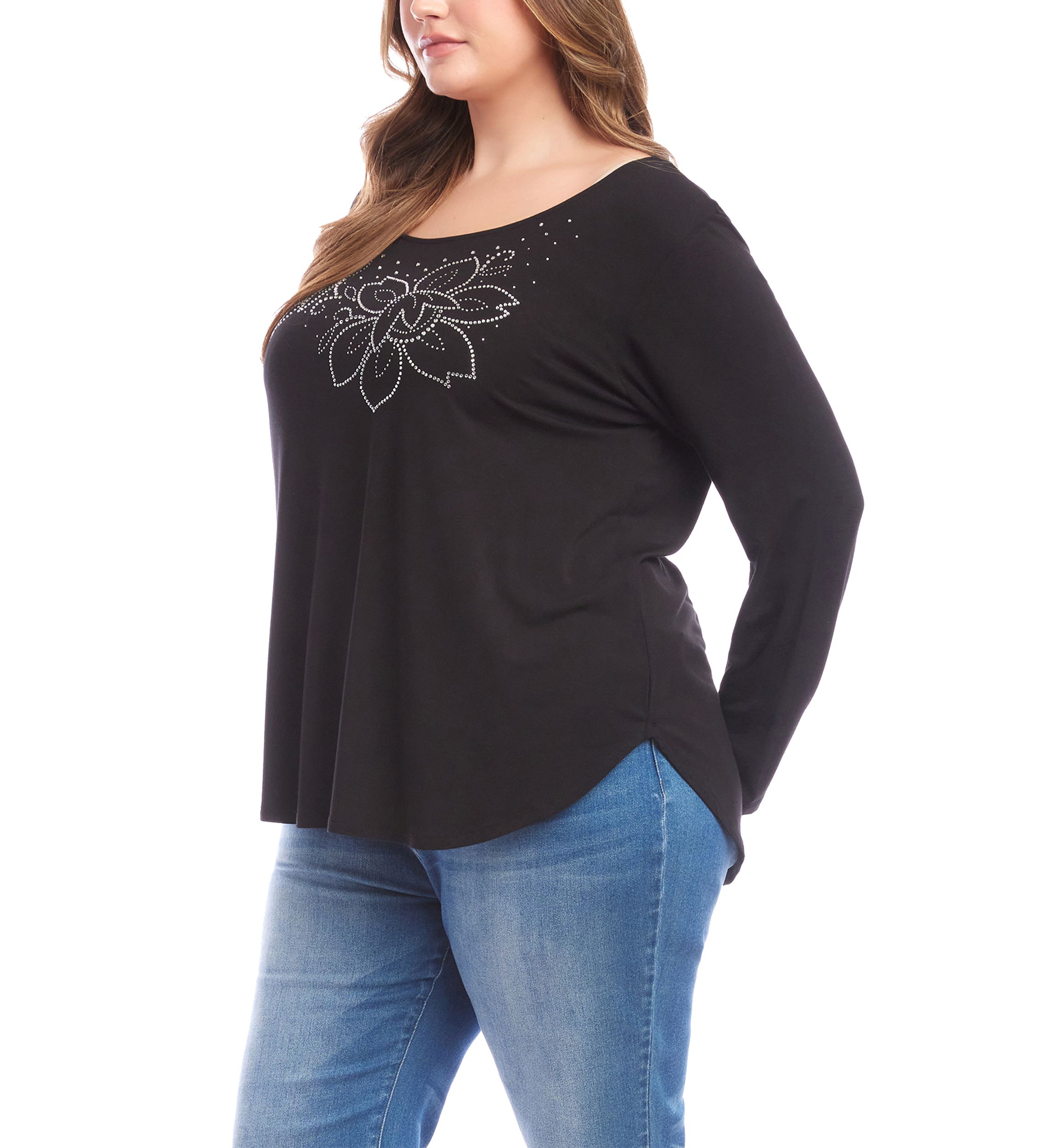 Plus Size Long Sleeve Embellished Shirttail Top