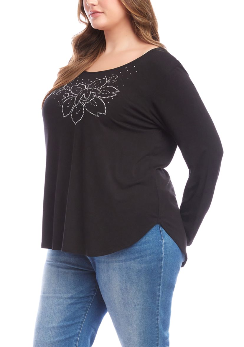 Plus Size Long Sleeve Embellished Shirttail Top