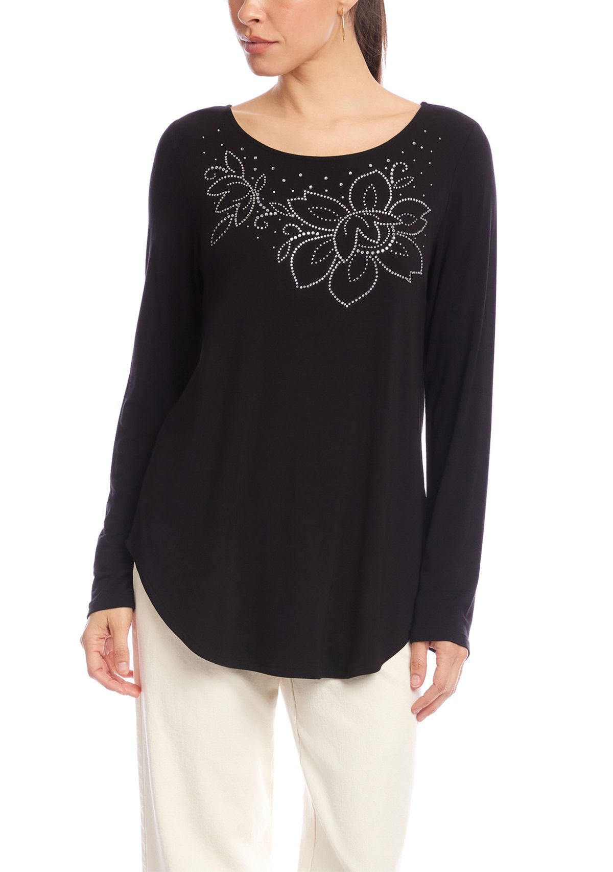 Womens Long Sleeve Embellished Shirttail Top